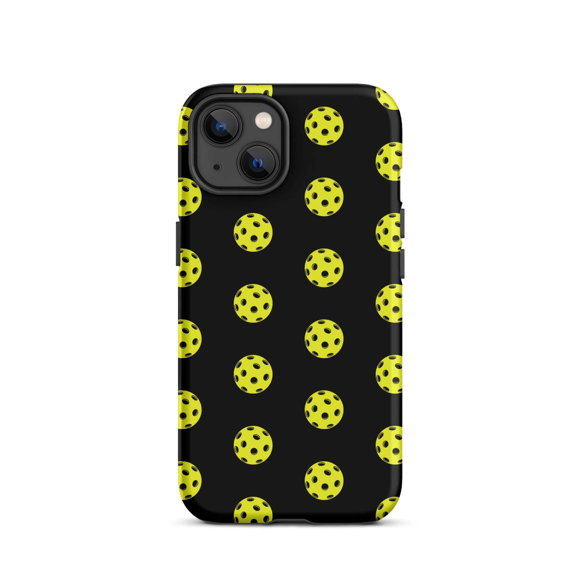 Phone Case featuring a pickleball pattern on a black background, playful and sporty design.