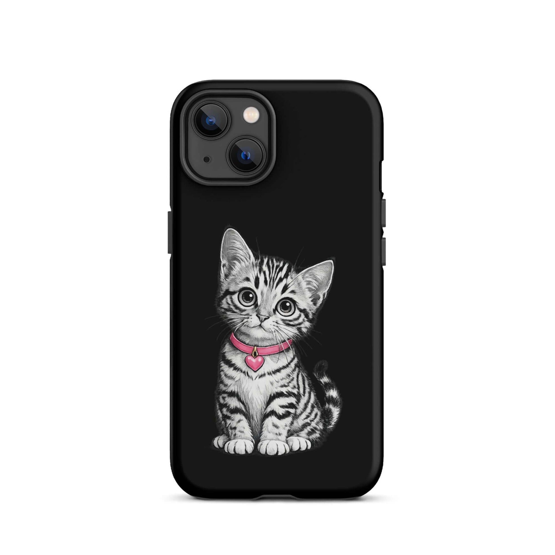 Phone Case for iPhone featuring pencil sketch kitten with pink heart charm, artistic black and white design on protective case.