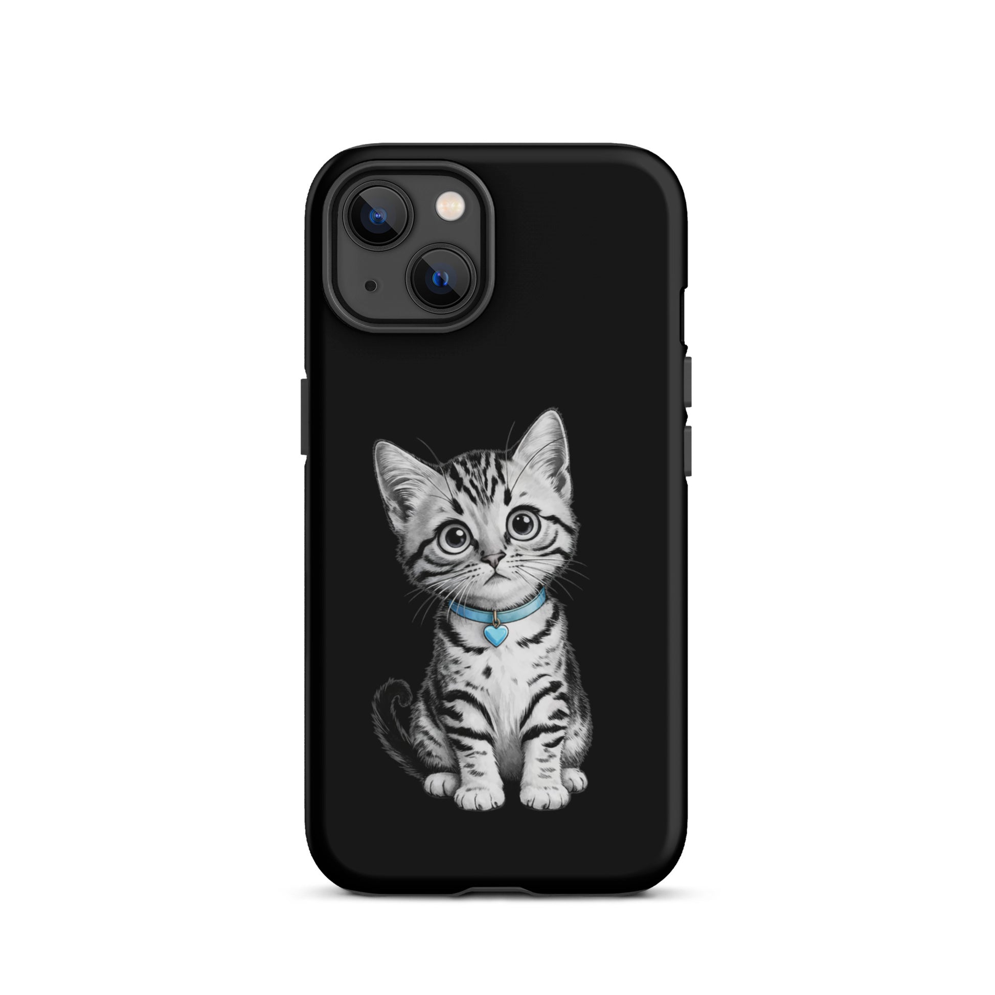 Phone Case featuring kitten sketch with blue heart charm for iPhone, offering stylish protection and artistic design.