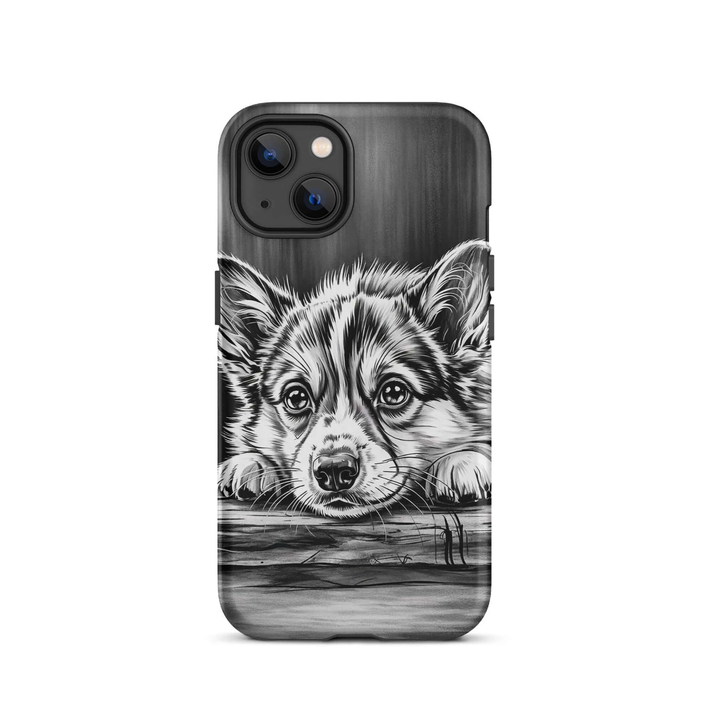 Phone Case for iPhone with elegant puppy art, black-and-white illustration, luxury design, protective accessory, gallery-style look.