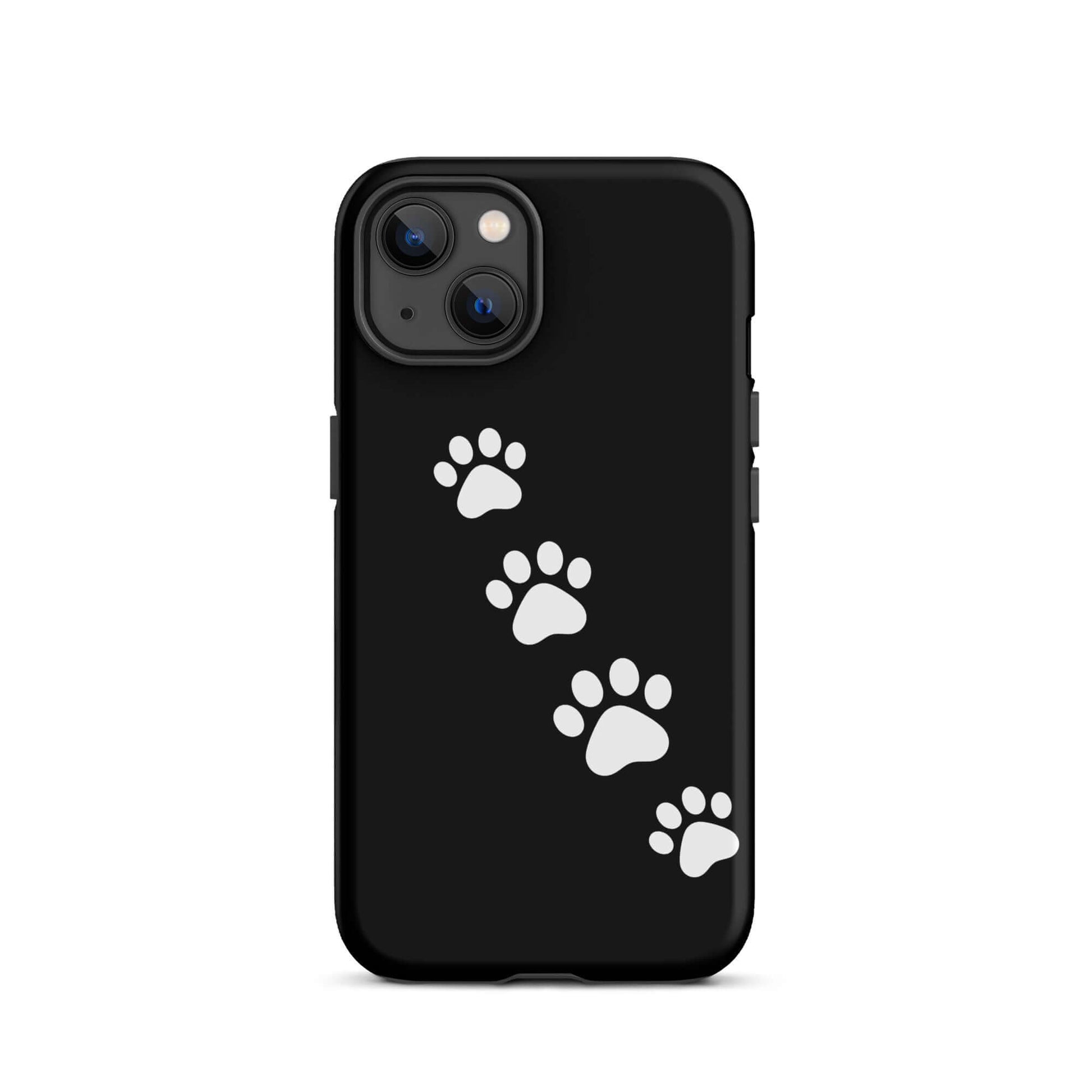 Phone case with paw-print trail design for iPhone, featuring white paw prints diagonally on a sleek black background for pet lovers.