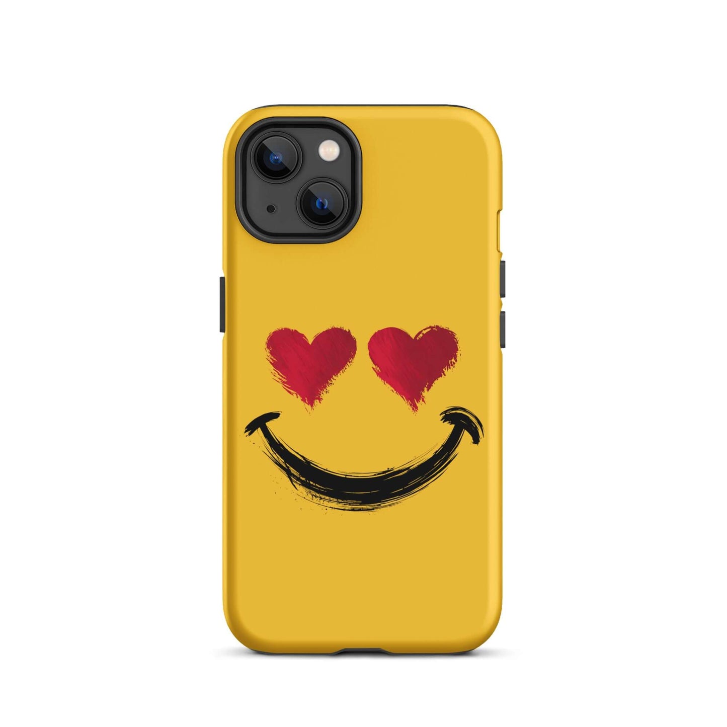 Yellow Phone Case for iPhone with heart-eyes smiley art featuring bold red hearts and black smile design.