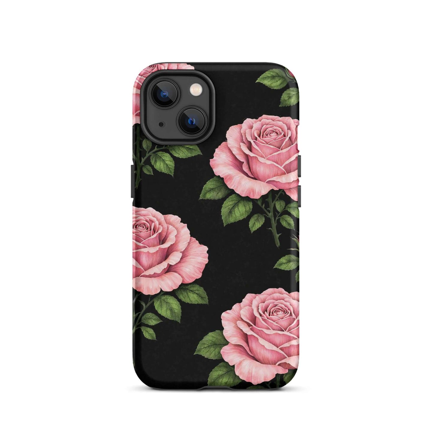 Phone Case for iPhone: Pink Rose Garden Tough Case with hand-sketched pink roses and green leaves on black background.