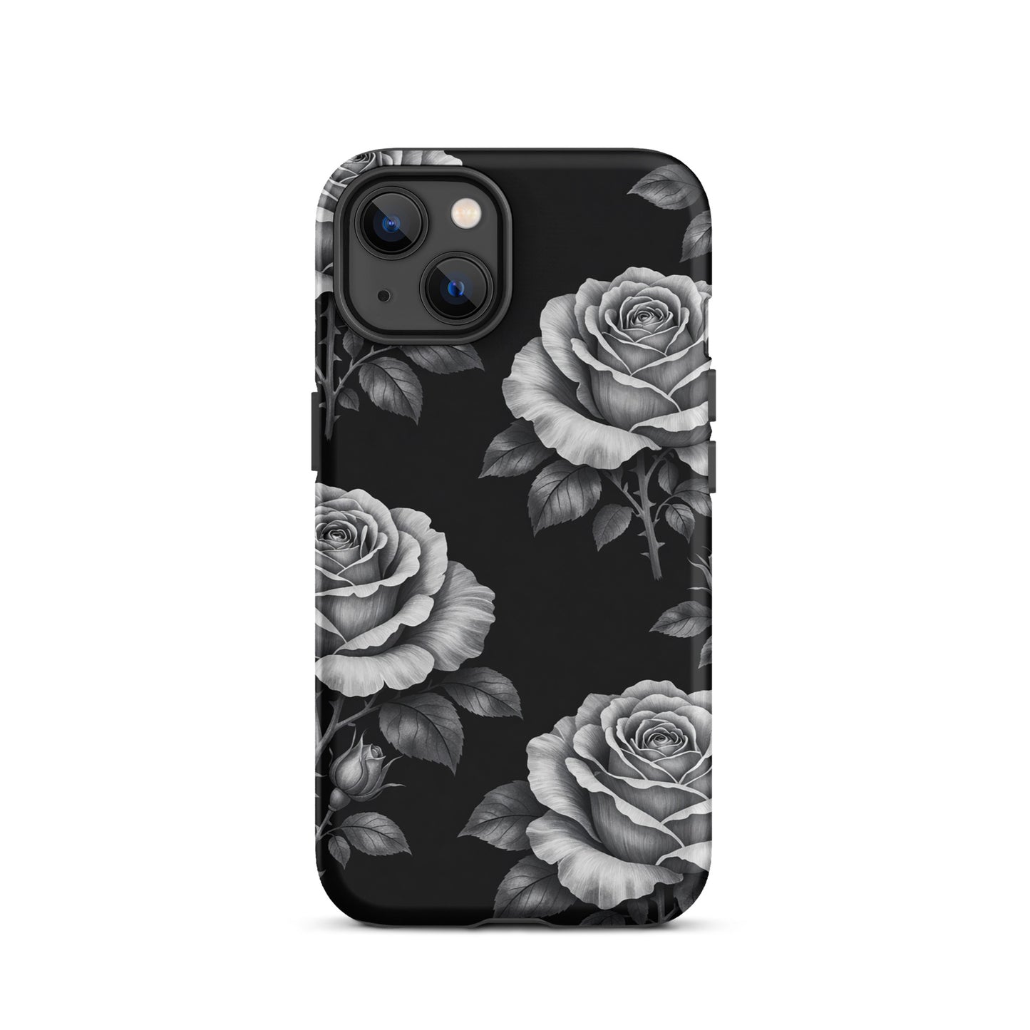 Phone Case for iPhone with rose garden design on a black background with hand-sketched roses and leaves, floral charm and elegance.