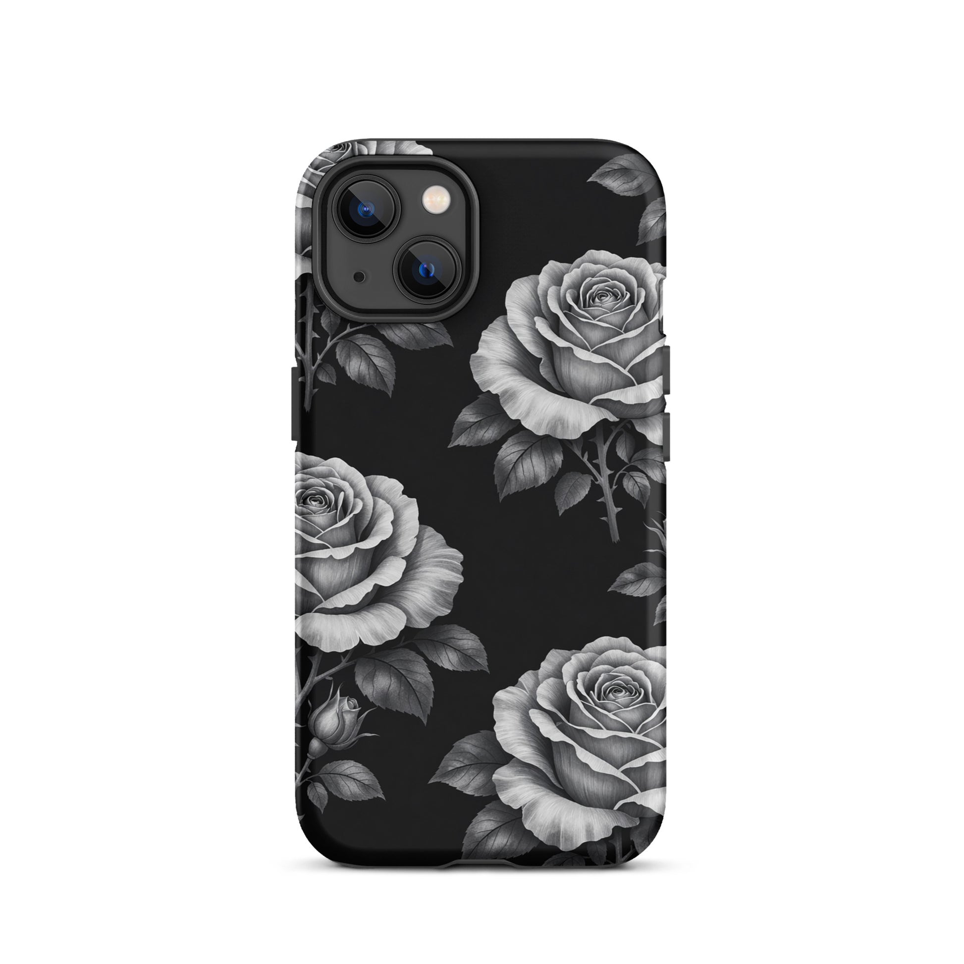 Phone Case for iPhone with rose garden design on a black background with hand-sketched roses and leaves, floral charm and elegance.