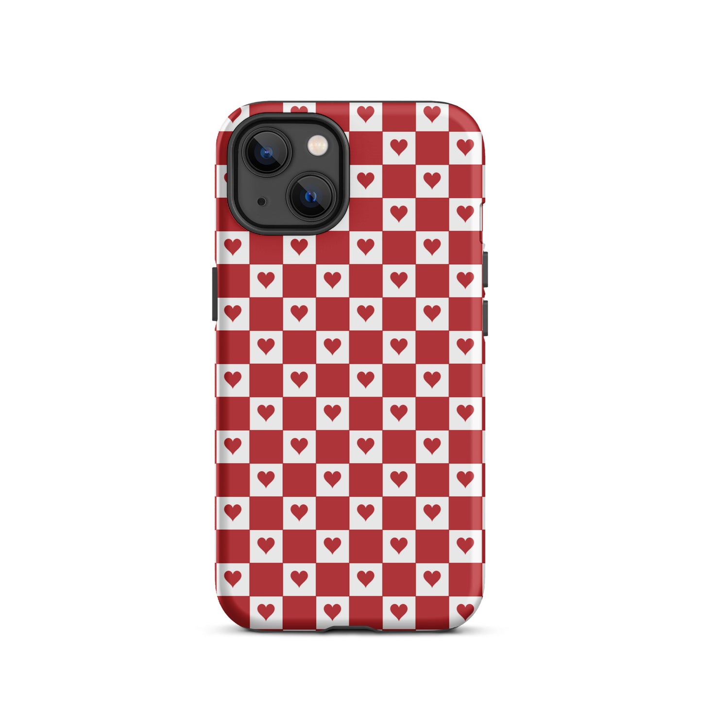 Phone Case for iPhone with cute red heart checkered design, featuring tiny crimson hearts in white squares, perfect for style and charm.
