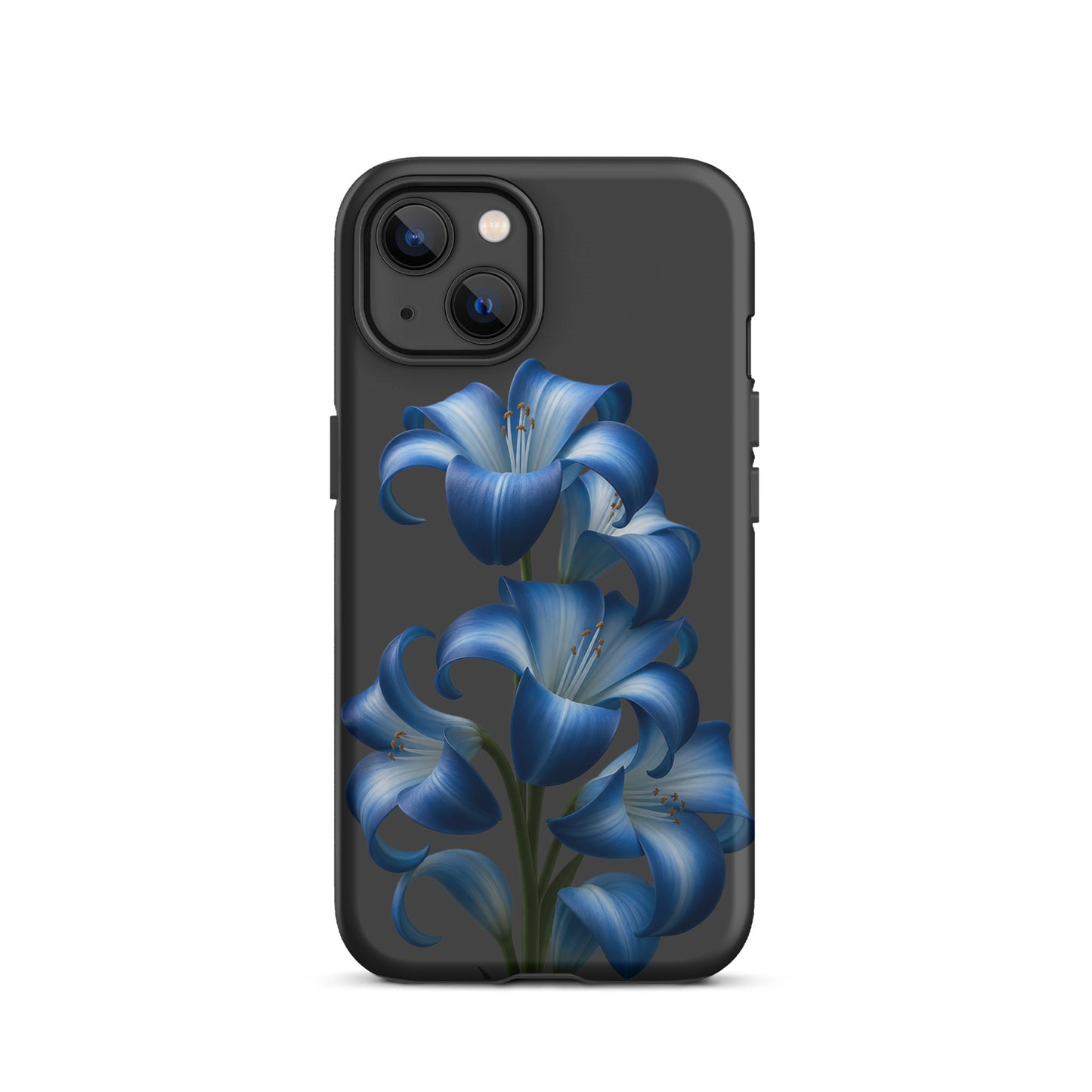 Phone Case for iPhone with Blue Lily Bloom Art on a black background, featuring a tough and stylish dual-layer design.