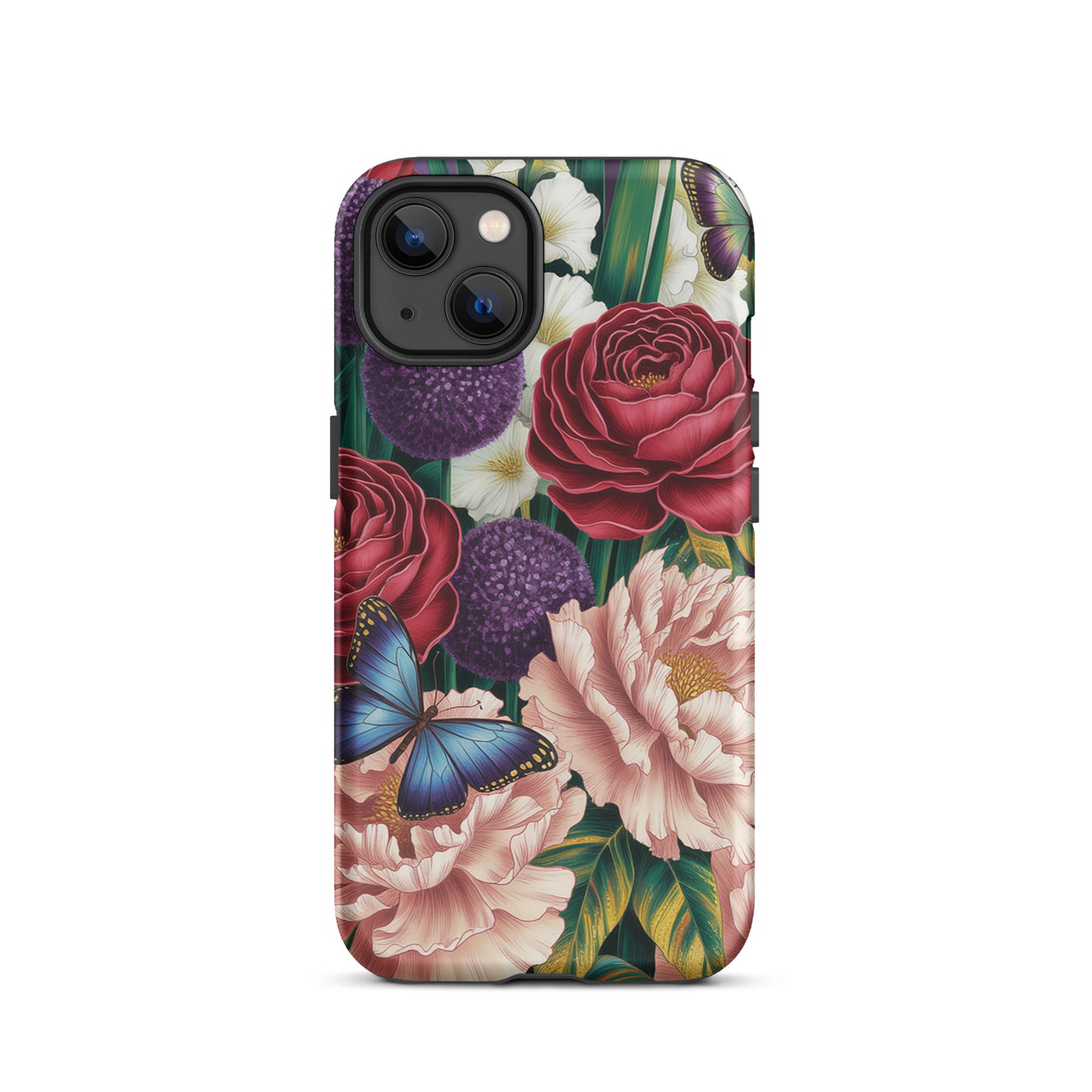 Phone Case for iPhone with botanical garden design featuring crimson roses, pink peonies, purple alliums, and sapphire-blue butterflies.
