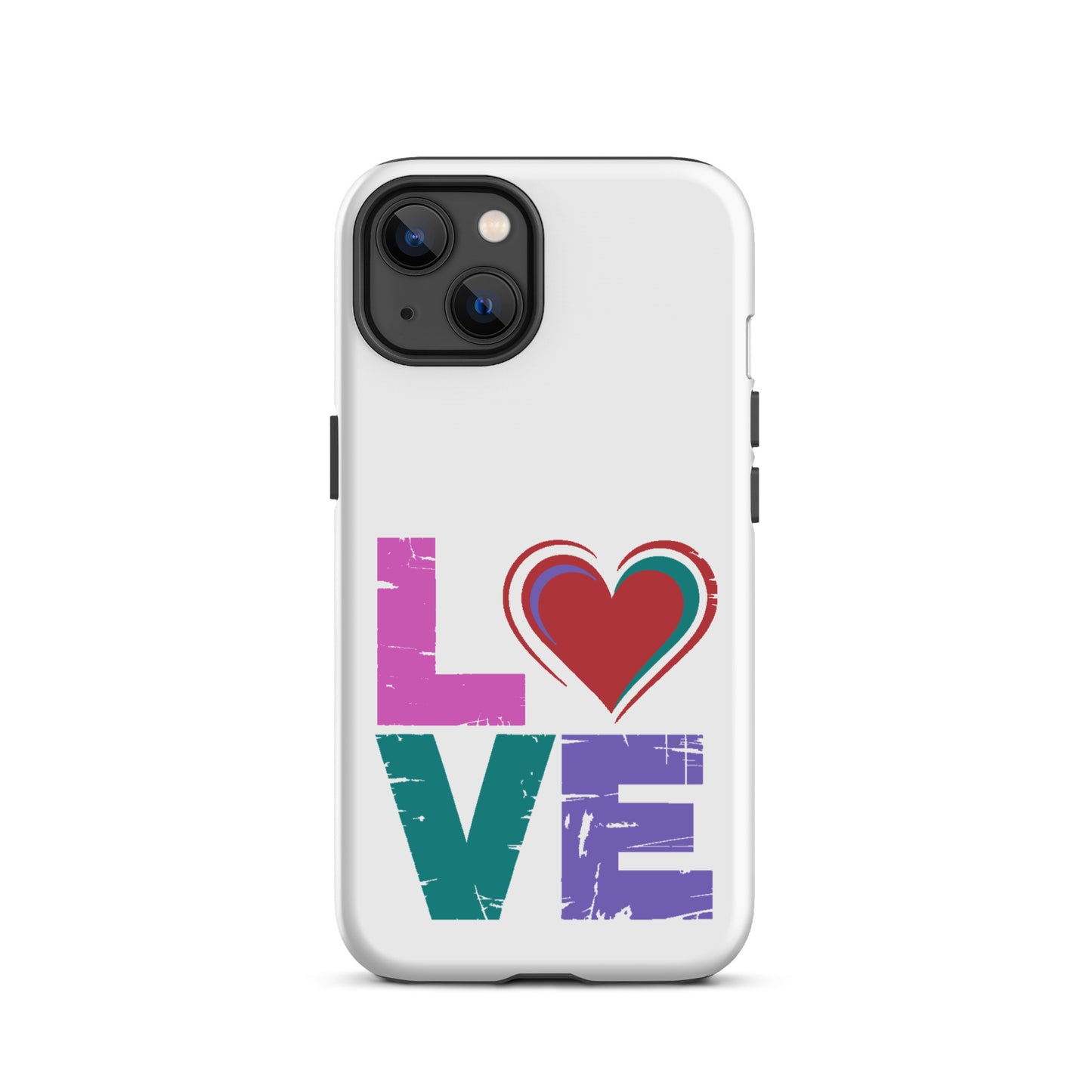 Love Dual Layer Tough Case for iPhones with heart design replacing 'o' in 'love' lettering.