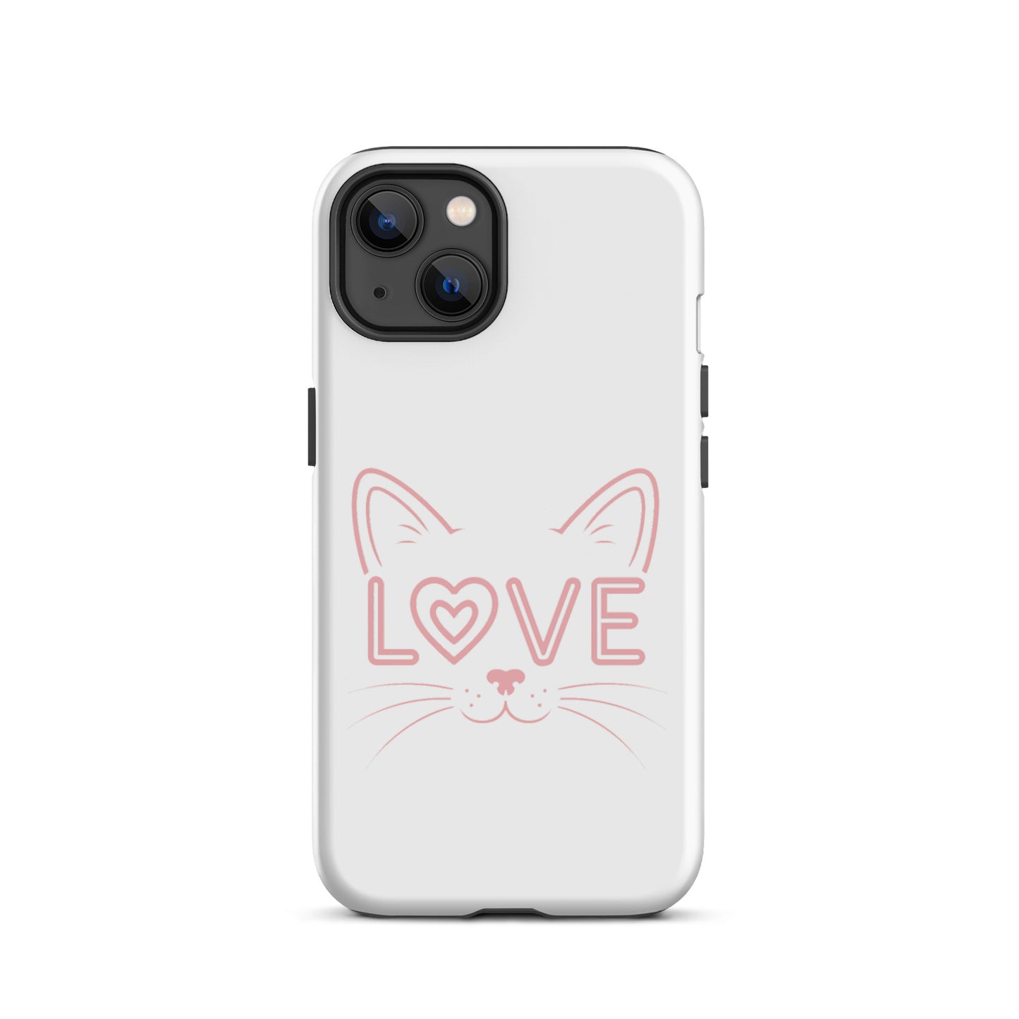 Cat Love phone case for iPhone with minimalist cat face design featuring "love" in place of an eye on a sleek modern shell.