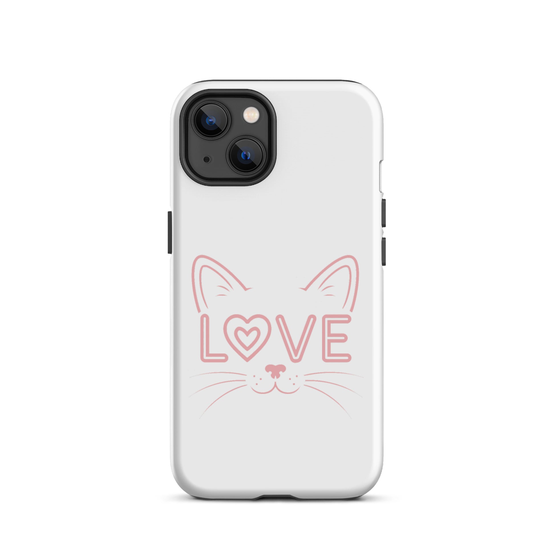 Cat Love phone case for iPhone with minimalist cat face design featuring "love" in place of an eye on a sleek modern shell.