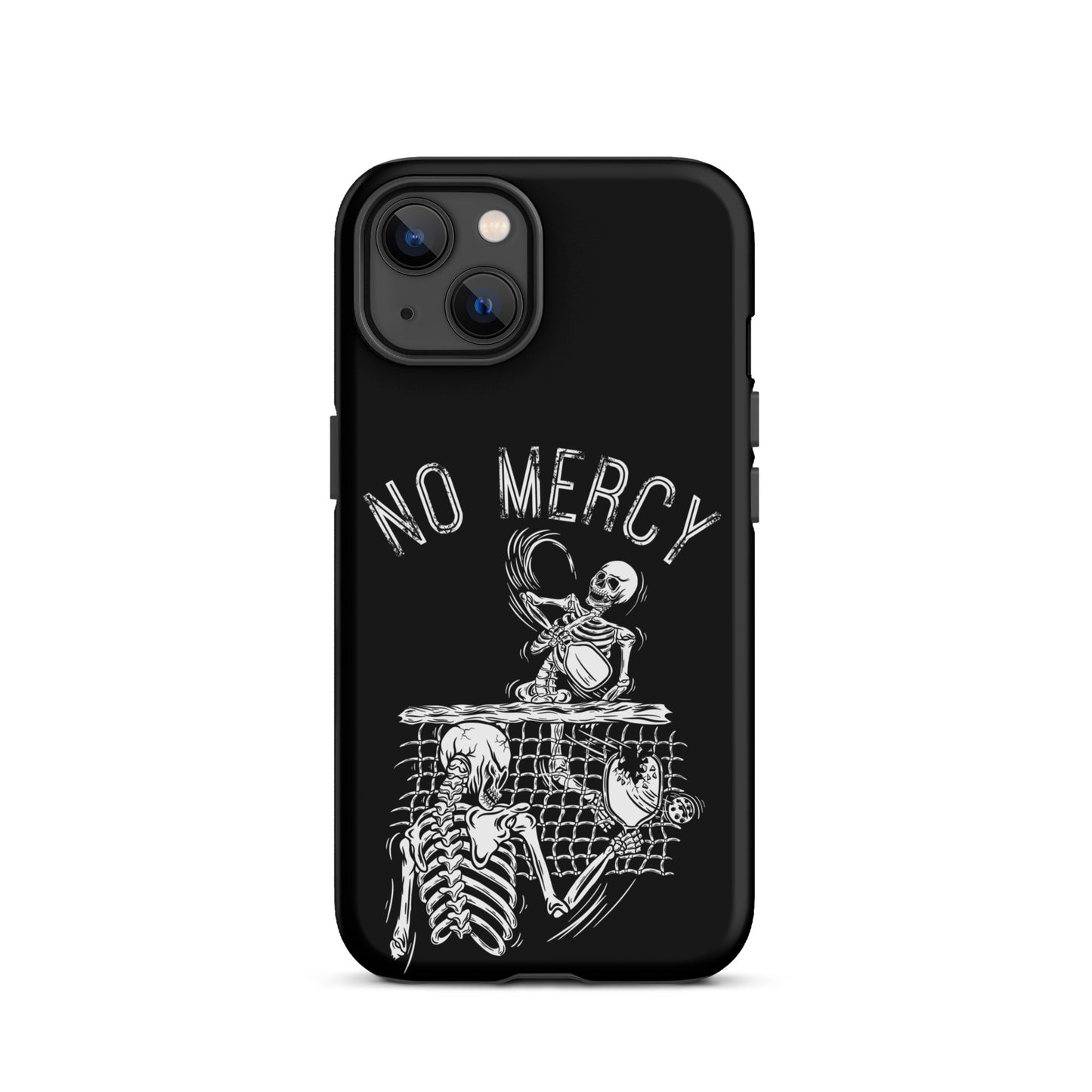 Pickleball iPhone case with 'No Mercy' skeleton design, offering intense protection for players who dominate on the court.
