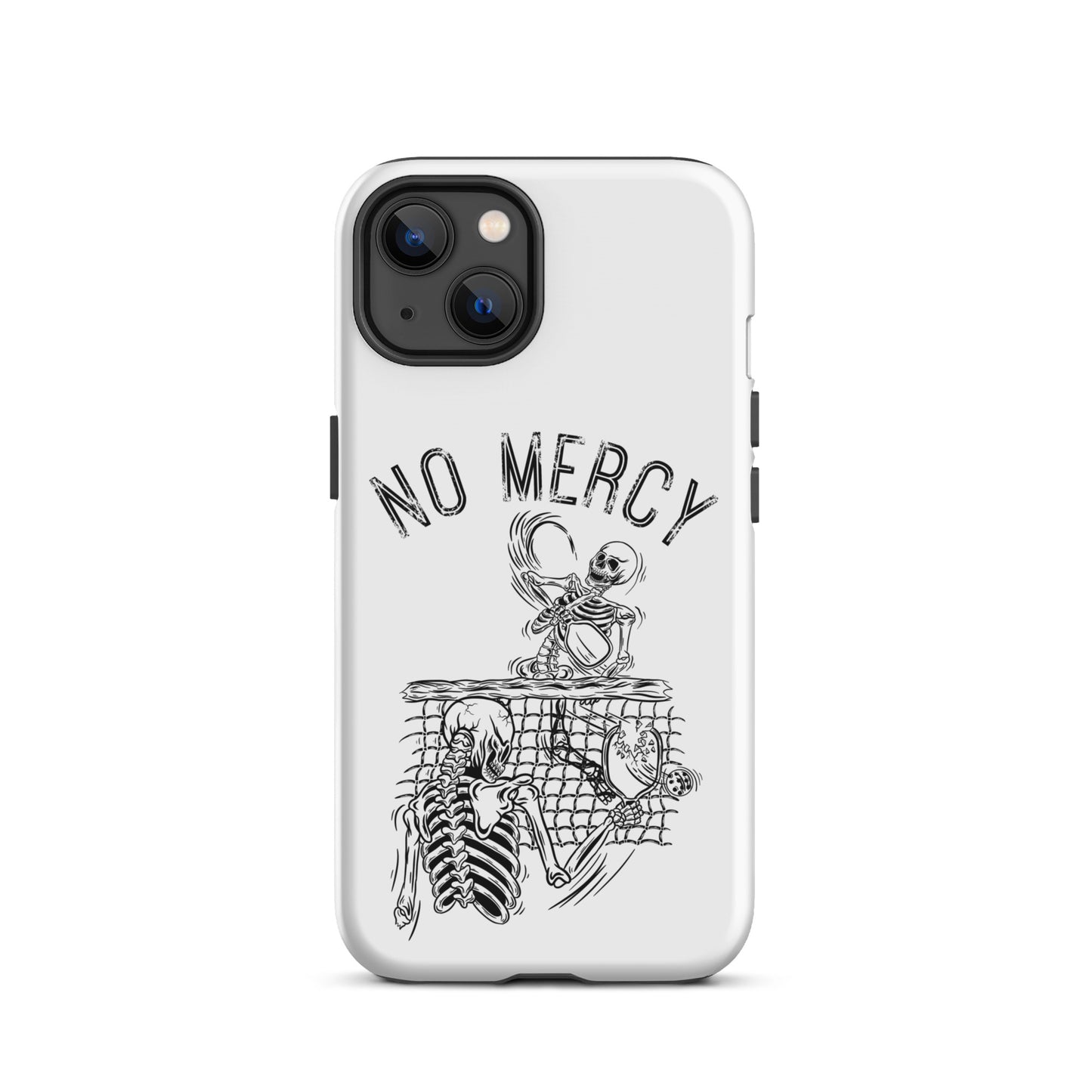 Pickleball iPhone case with "No Mercy" skeleton design for players seeking intense phone protection.