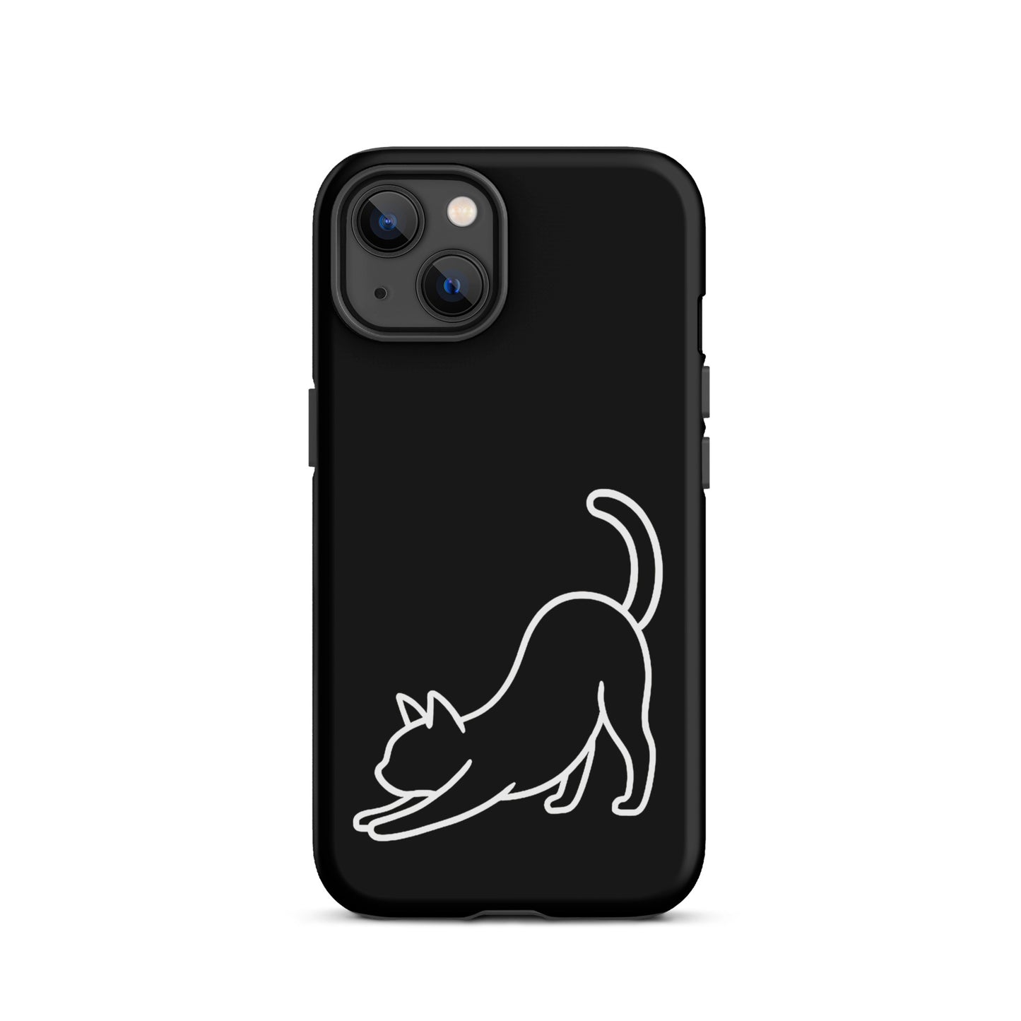 Phone Case for iPhone with minimalist stretching cat design on black background for cat lovers.
