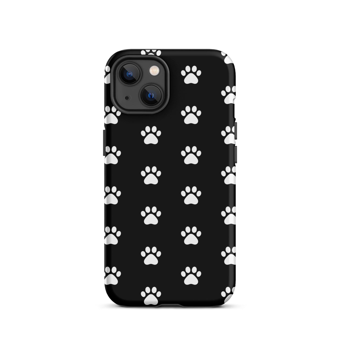 Phone Case for iPhone with stylish paw print design for pet lovers, featuring minimalist cat and dog paw icons on a black background.