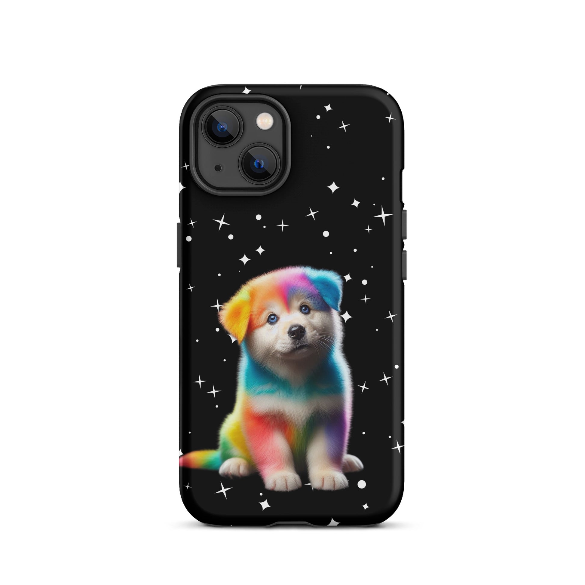 Phone Case for iPhone with rainbow puppy design on starry night background
