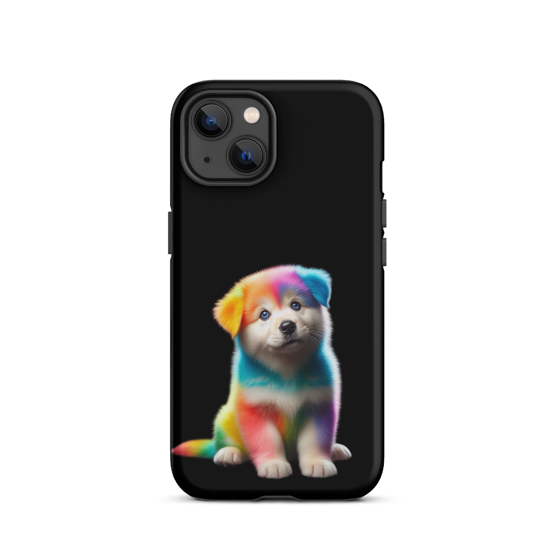 Phone Case featuring a vibrant rainbow puppy on a dark night sky background, perfect for iPhone lovers of bold colors and adorable designs.