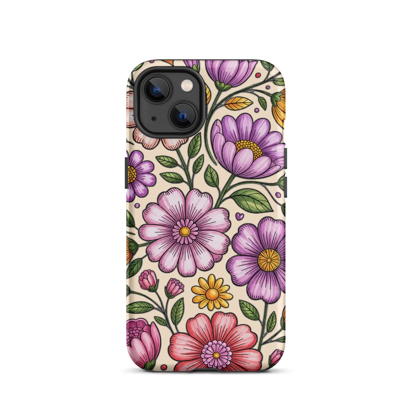 Phone Case for iPhone with pastel floral design featuring pink, peach, lavender, and yellow flowers on a tough polycarbonate shell.