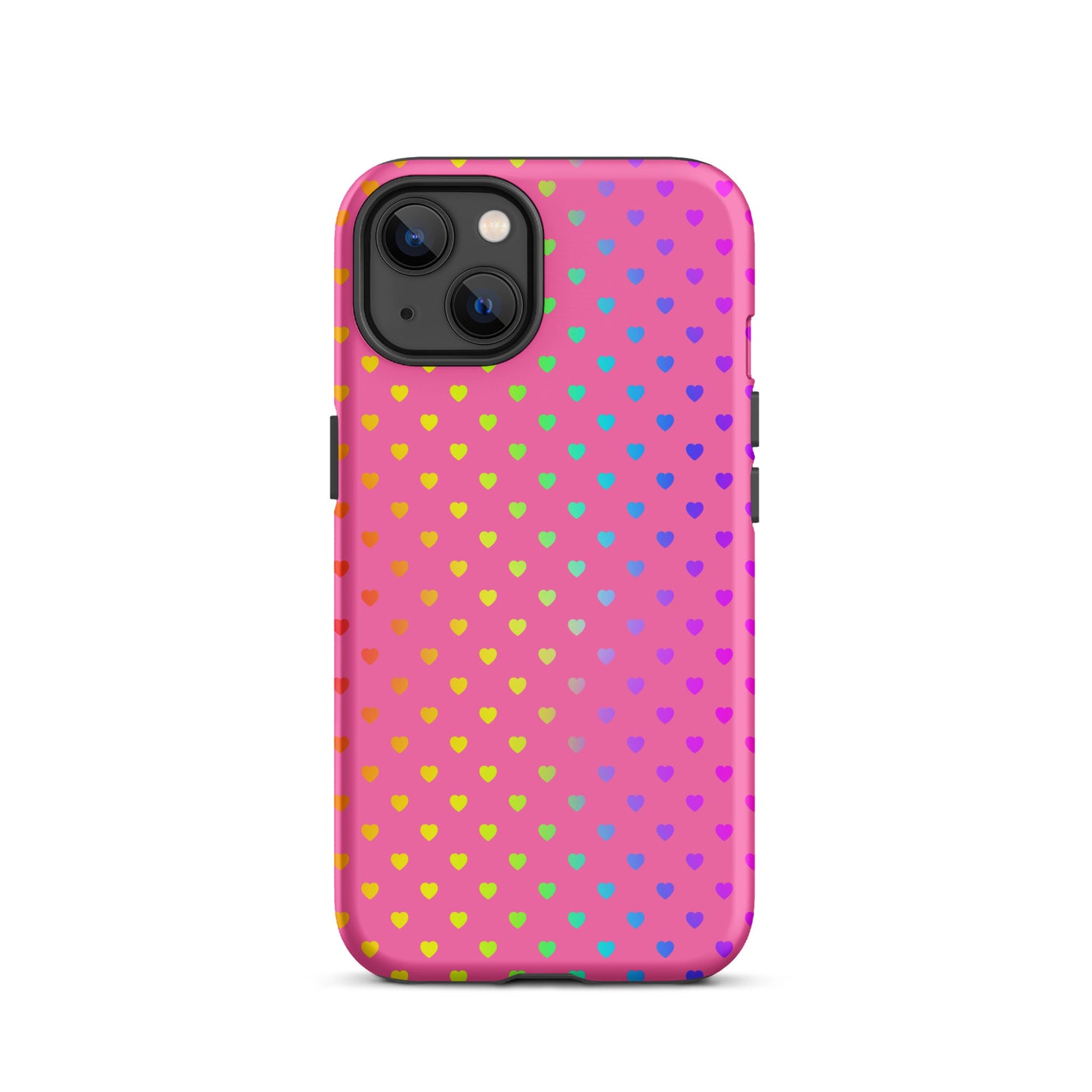Phone Case for iPhone with cute rainbow hearts on a pink background, showcasing colorful and playful design.