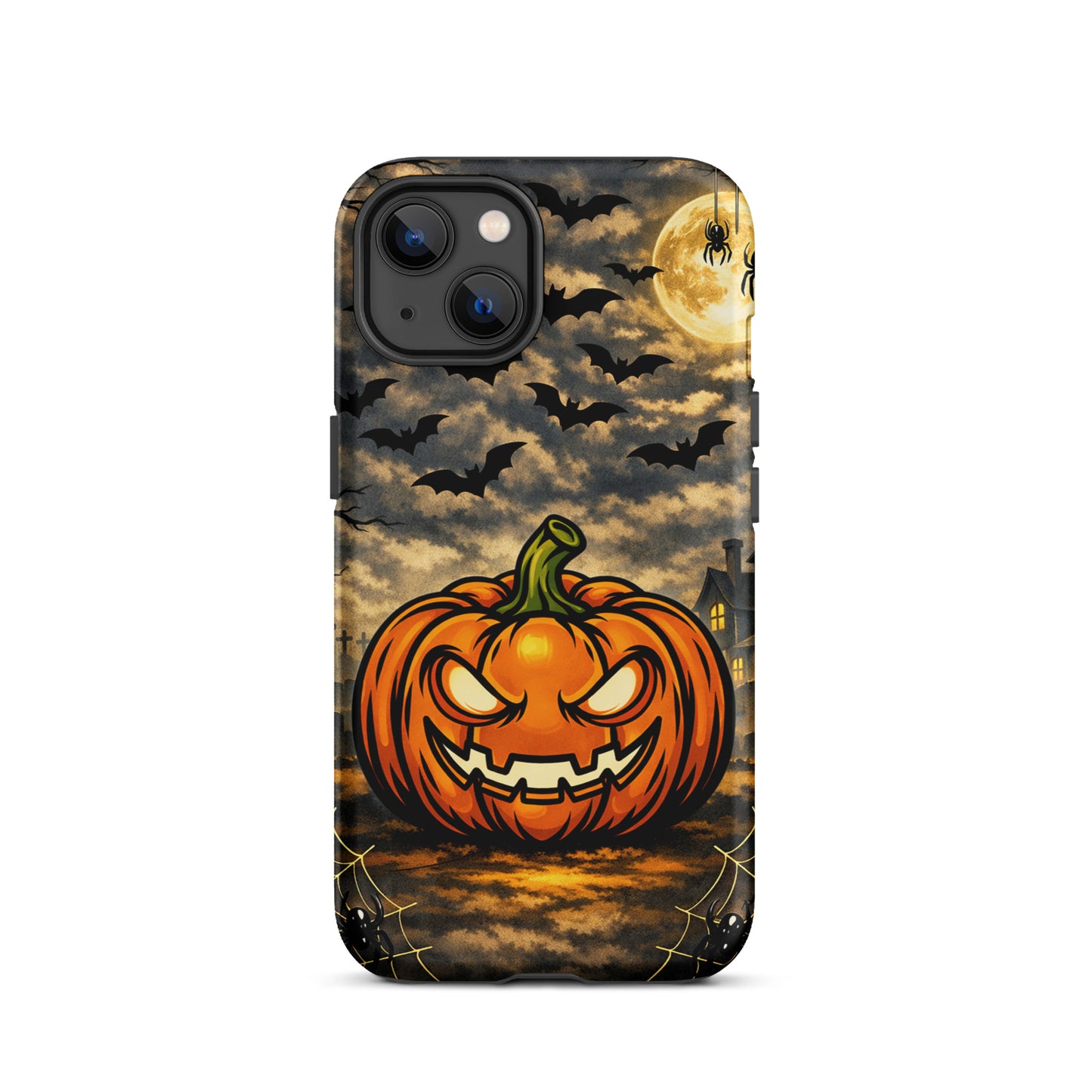 Phone Case for iPhone with haunted pumpkin, moonlit clouds, bats, and haunted house Halloween scene design.