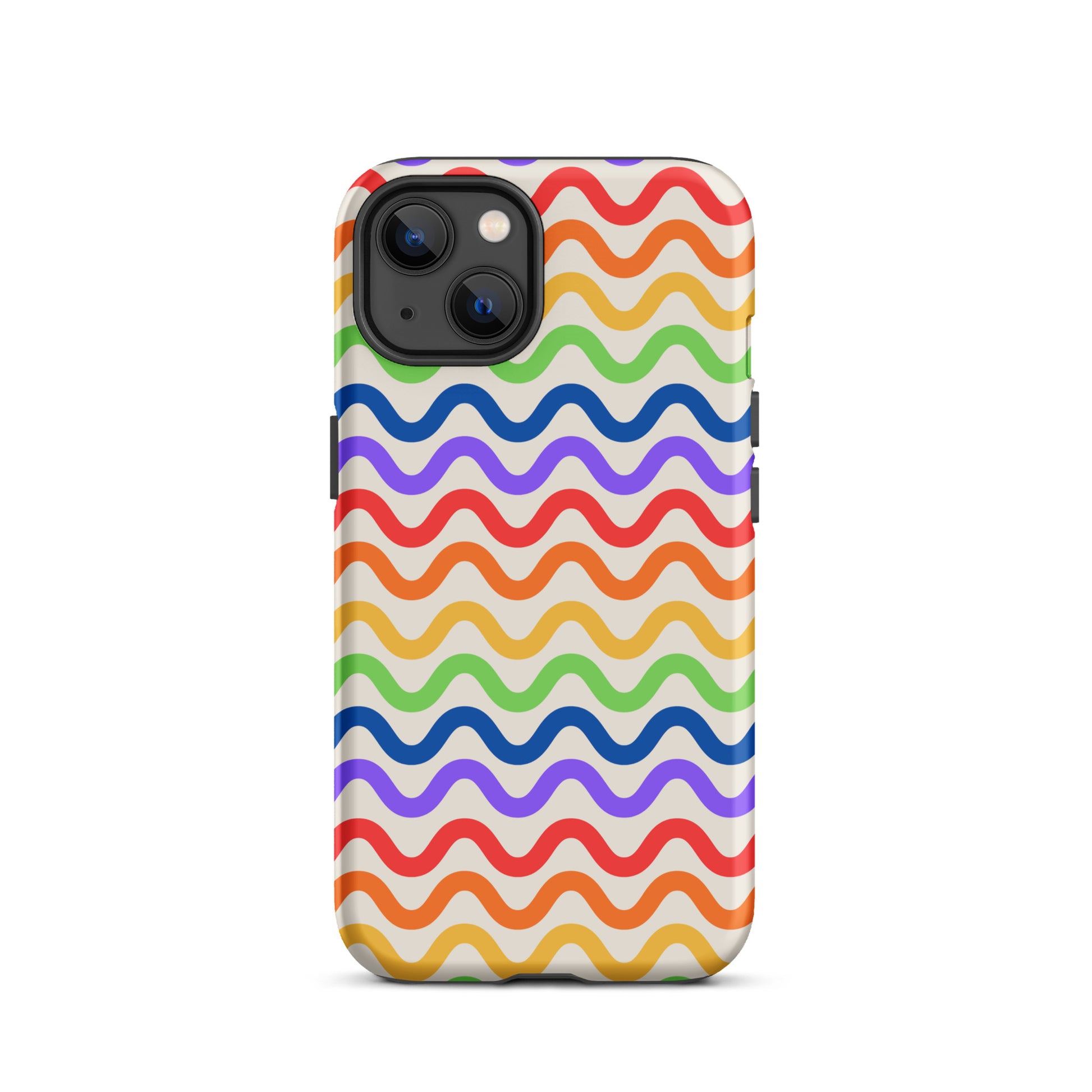 Phone Case for iPhone with wavy rainbow design, featuring vibrant colors on a white background, offering style and protection.