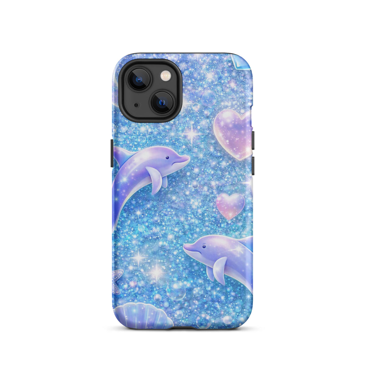 Phone Case for iPhone with ocean glitter, dolphins, and moonlit shells design
