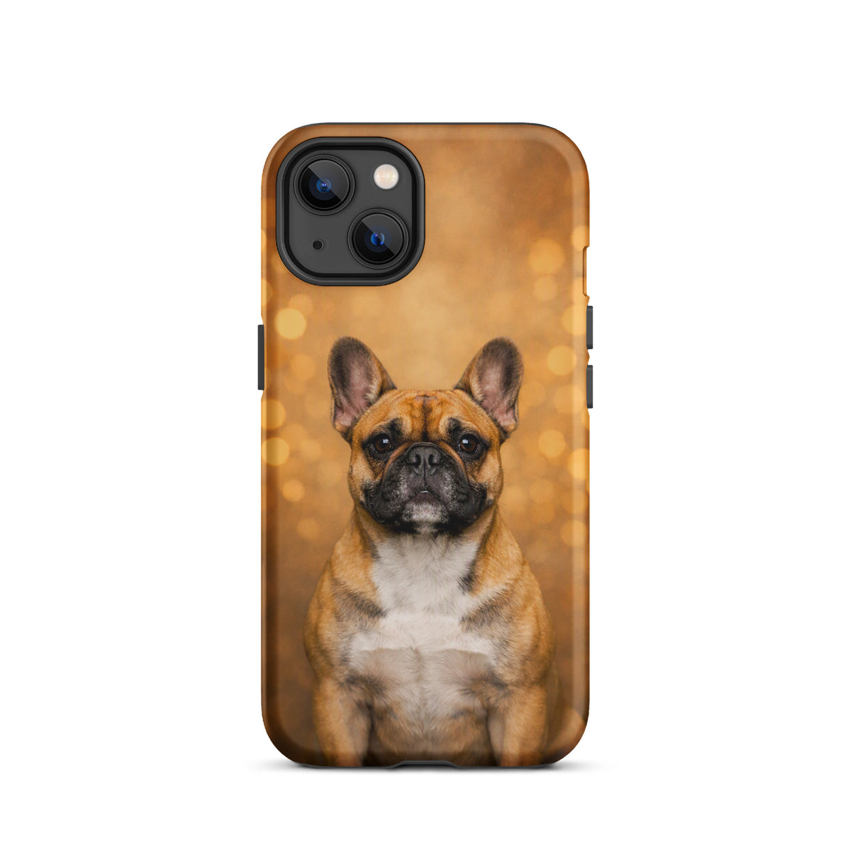 Phone Case with French Bulldog Portrait against warm golden bokeh background, capturing charm and sophistication for iPhone users.