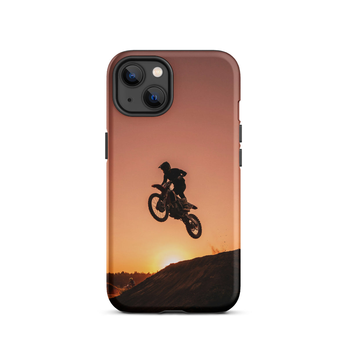 Phone Case with motocross sunset design featuring dirt bike jump against glowing skyline for iPhone model xx224.