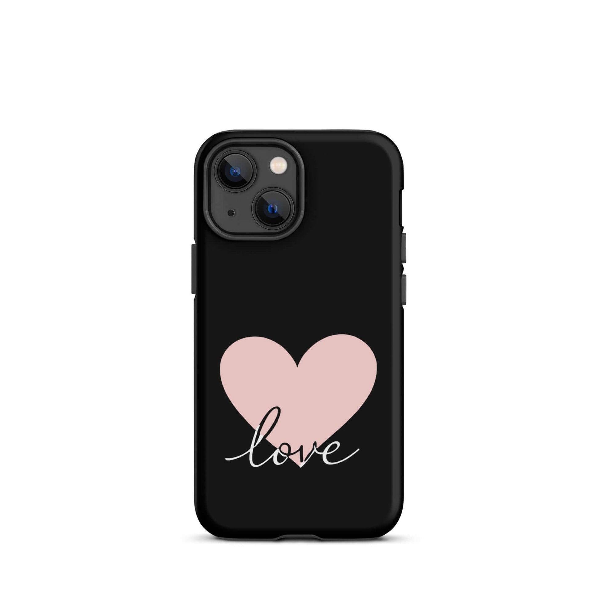 Phone Case for iPhone featuring pink heart and script 'love' design on a sleek black background.