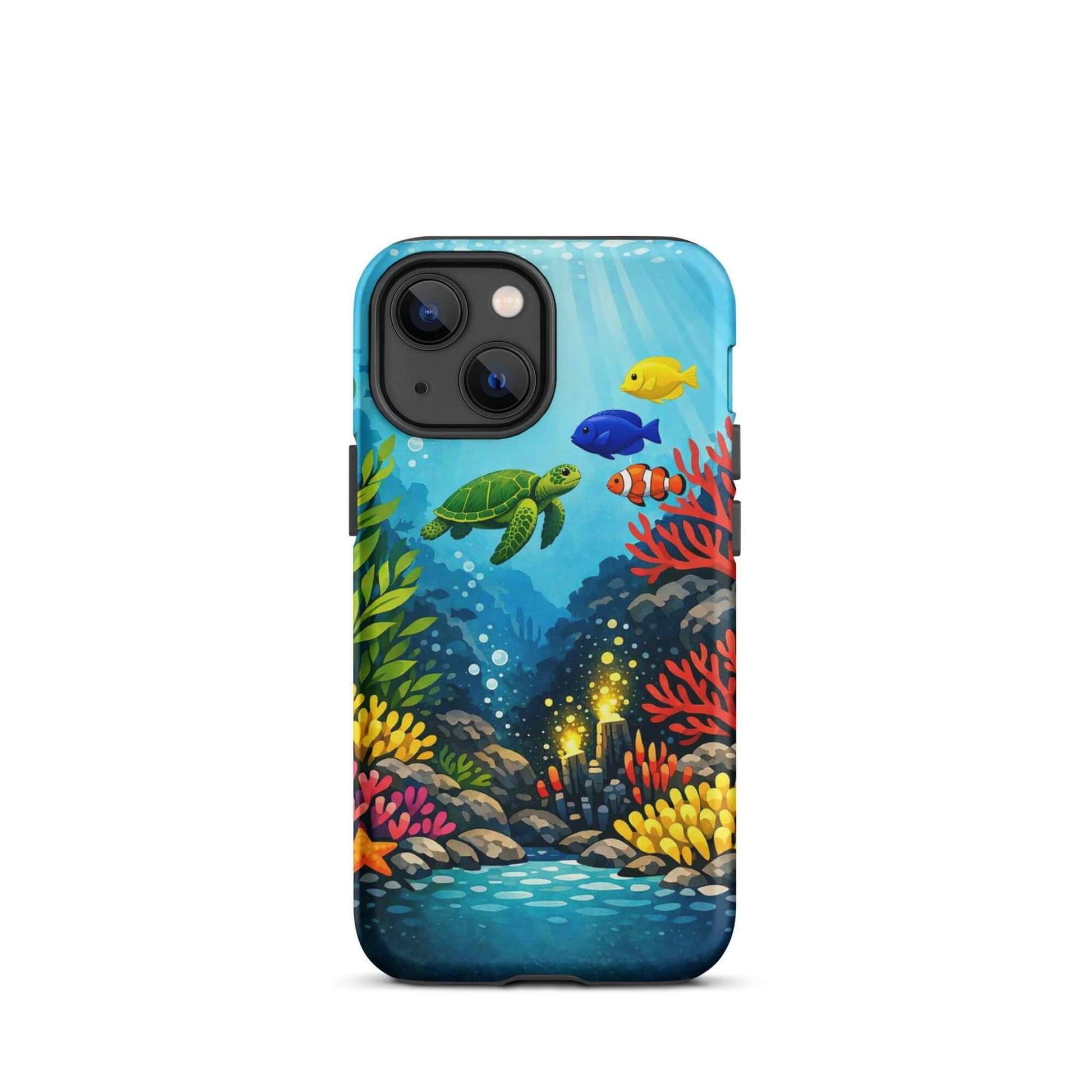 Phone case for iPhone featuring vibrant sea turtle and coral reef design, perfect for marine life lovers.