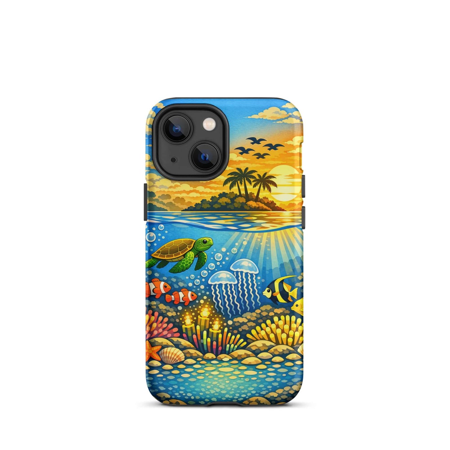 Phone Case featuring tropical sunset and colorful underwater reef with sea turtles and clownfish.