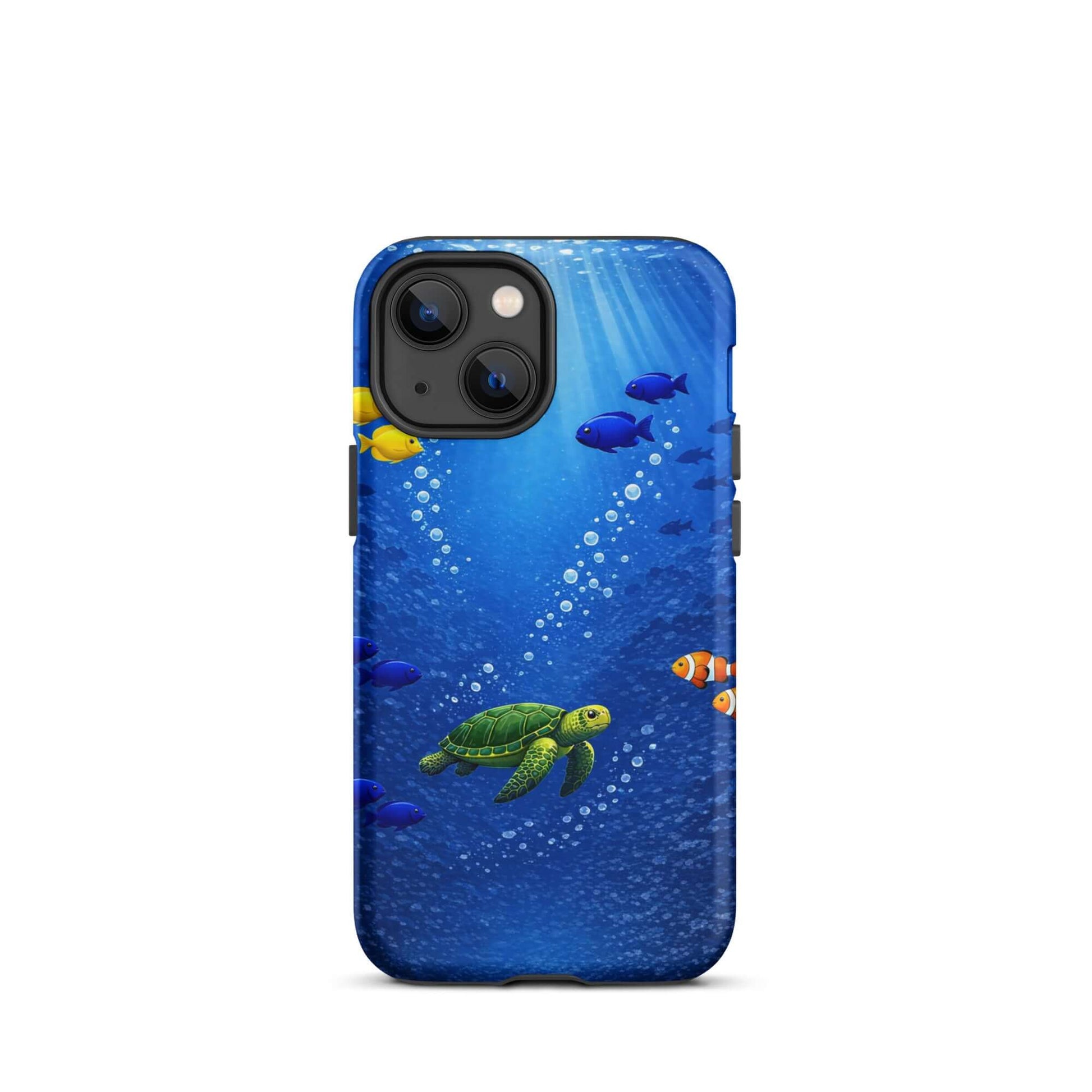 Phone Case with a sea turtle design and colorful tropical fish in a deep blue ocean background.