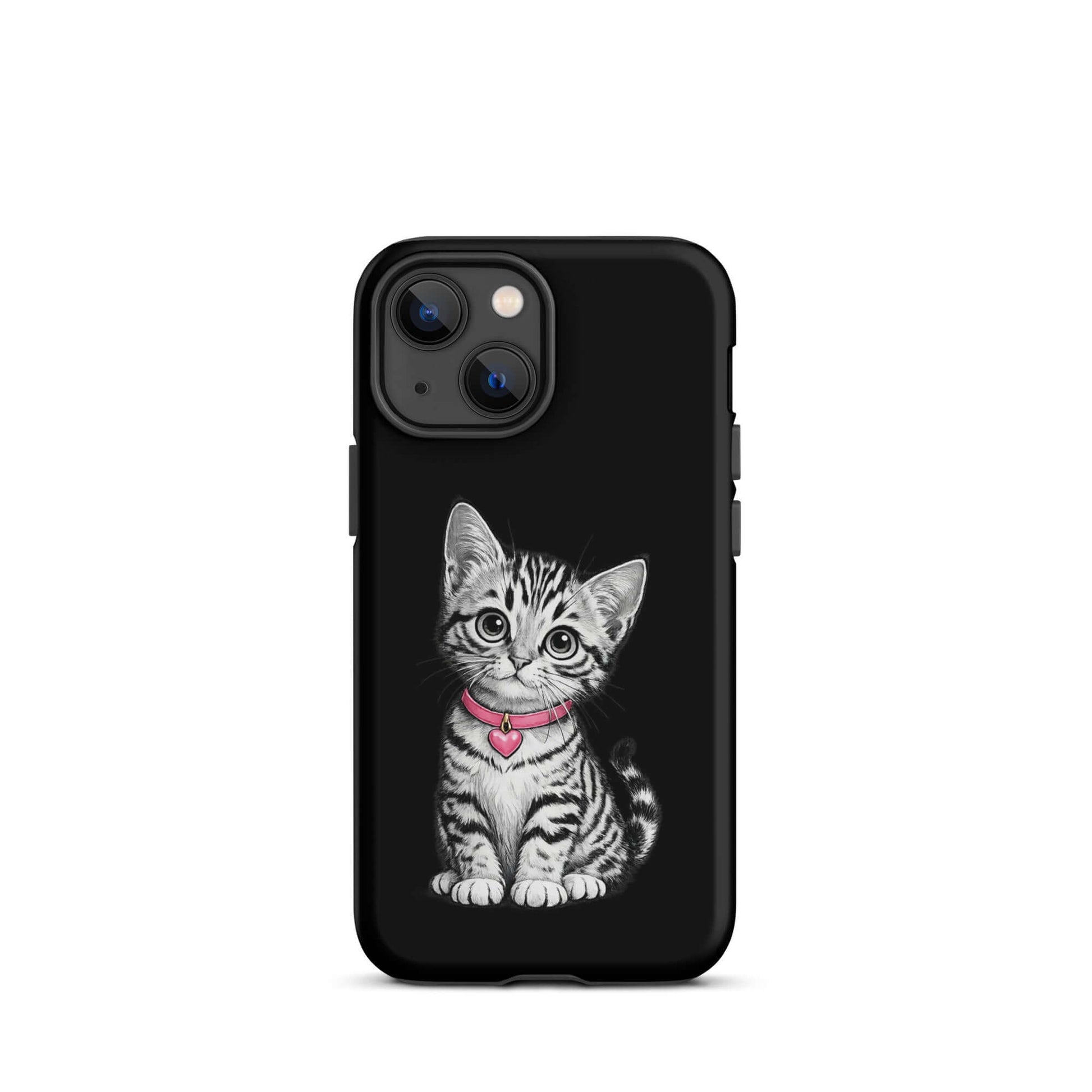 Phone Case featuring pencil sketch kitten with pink heart charm, perfect for iPhone, combines style and protection with feline art.