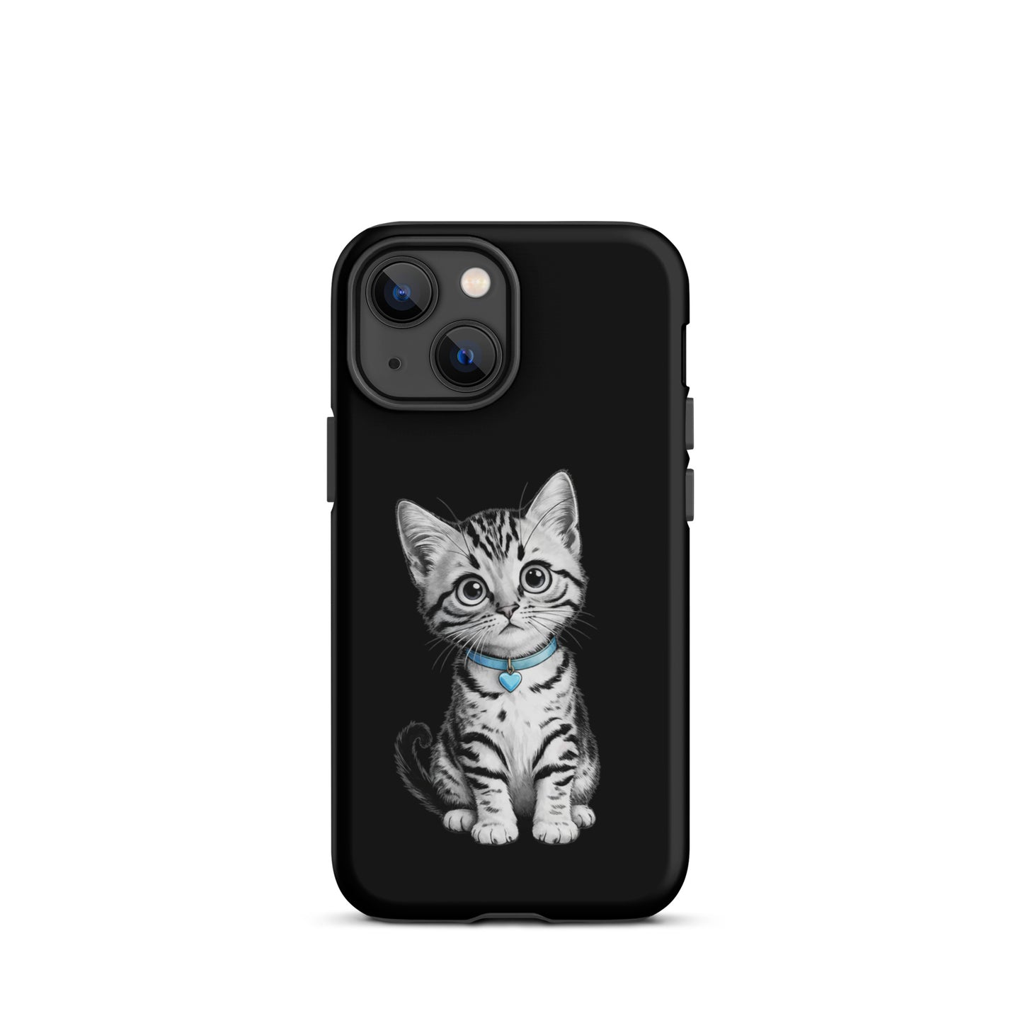 Phone Case for iPhone with kitten sketch and blue heart charm design