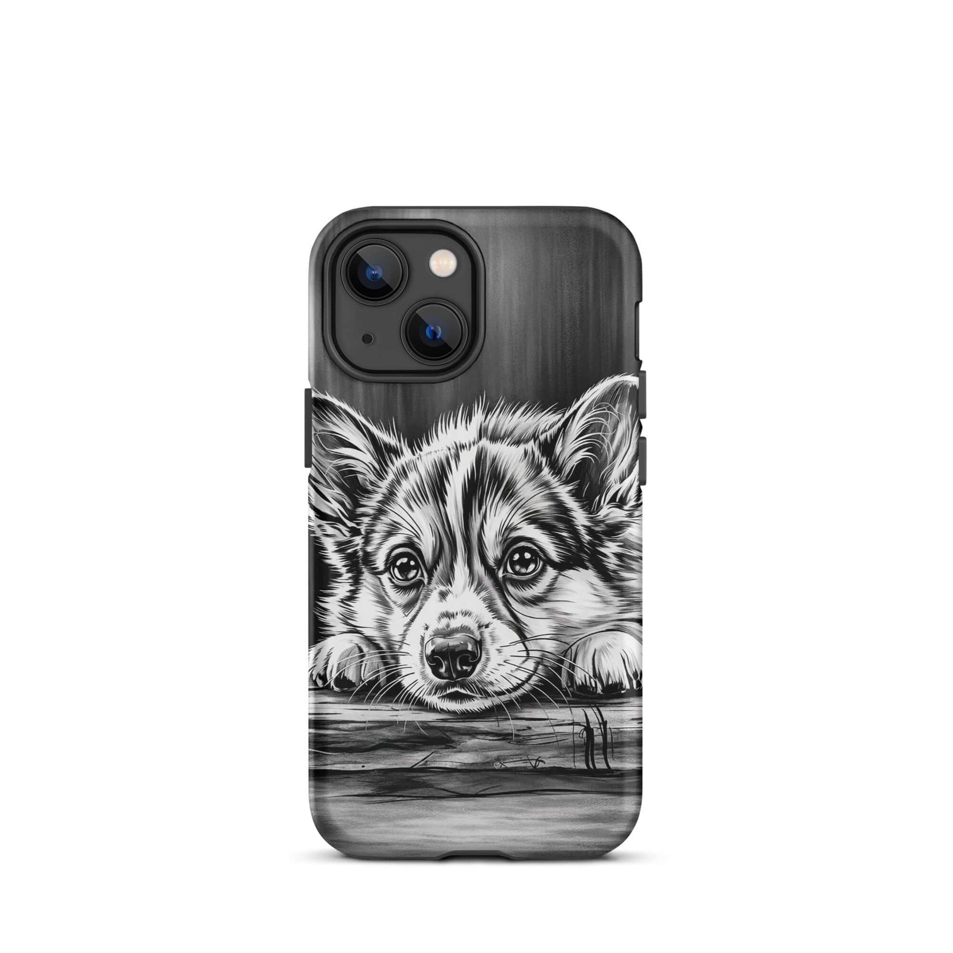 Phone Case for iPhone with elegant black-and-white puppy art, offering premium protection and refined gallery-style design.
