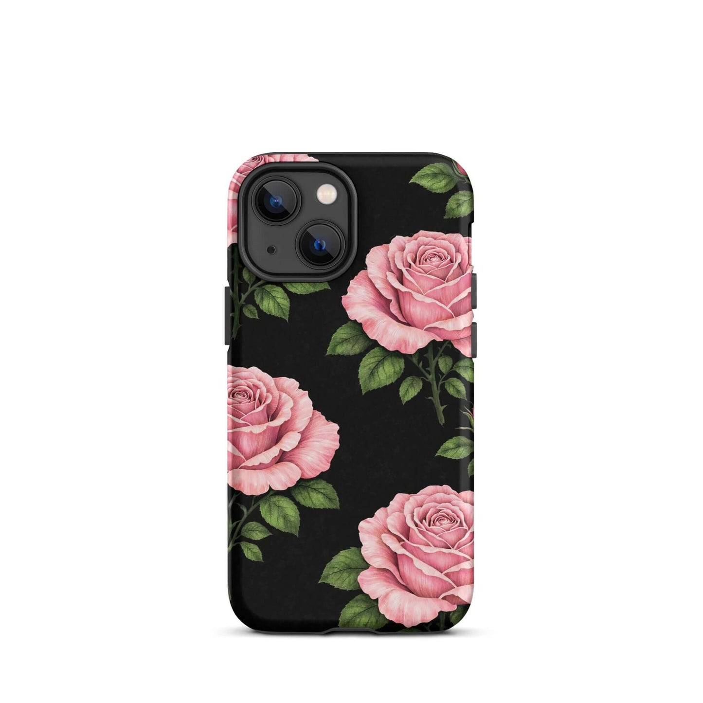 Phone Case for iPhone with pink roses and green leaves on black background