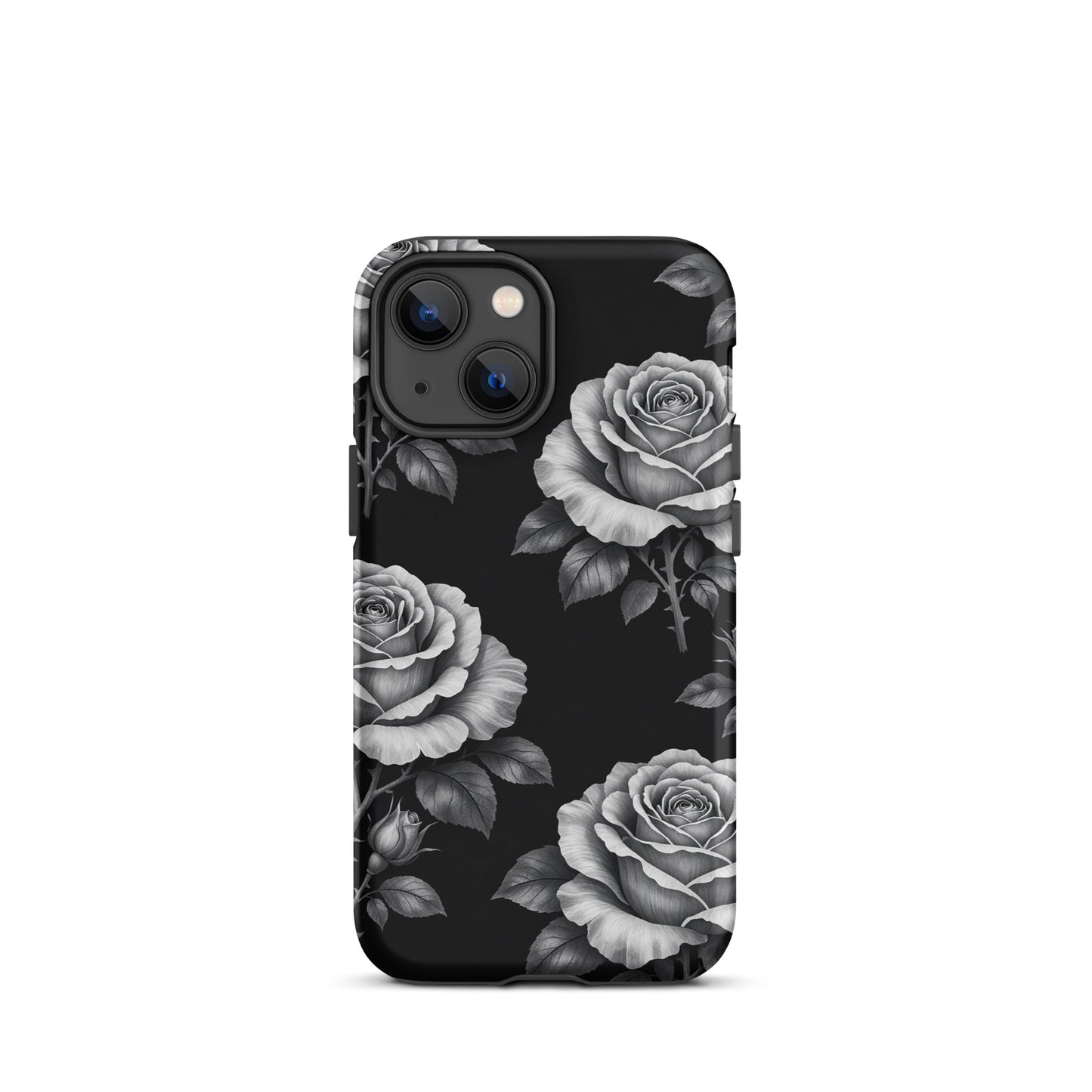 Phone Case for iPhone with rose garden design on black background, featuring hand-sketched roses and leaves for a stylish look.
