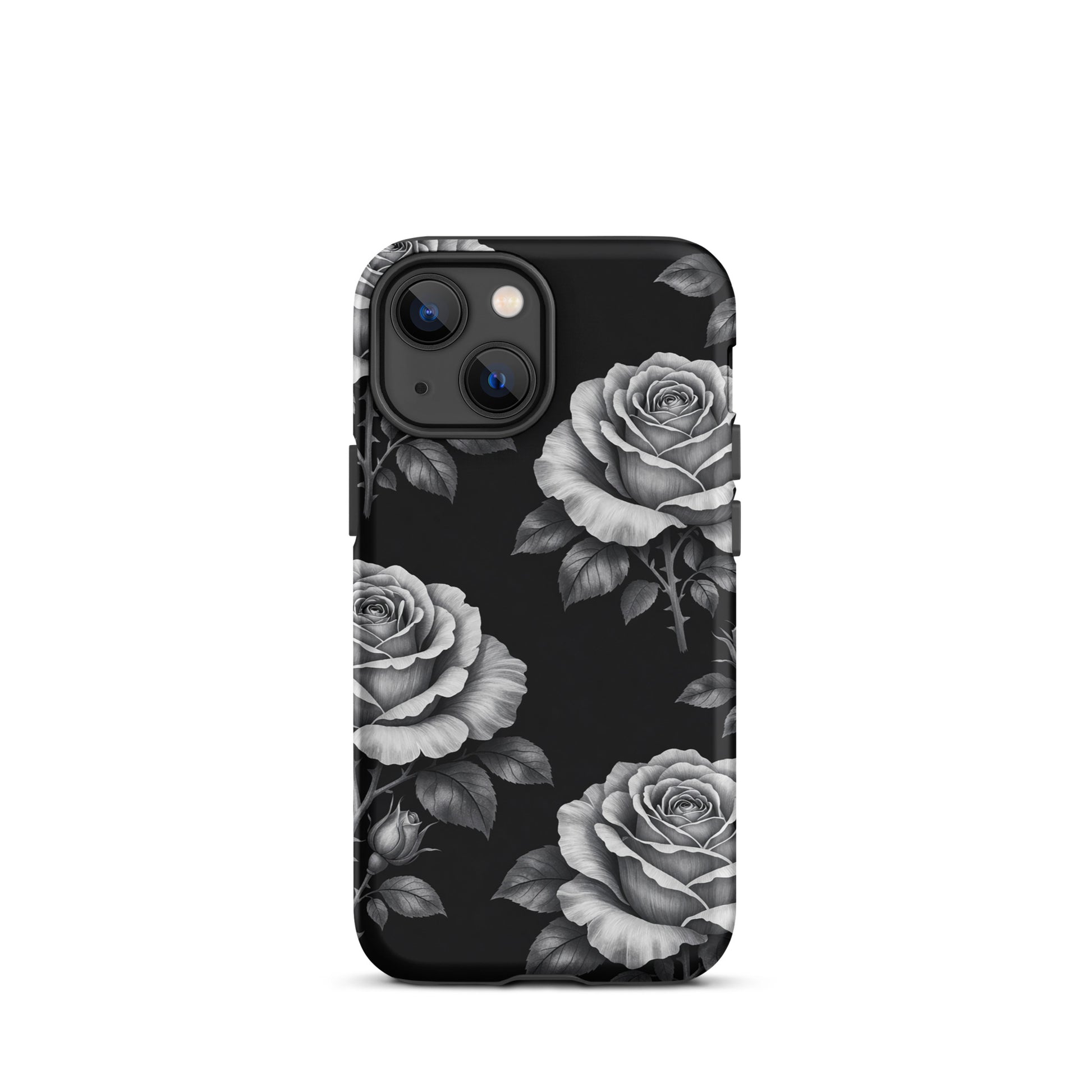 Phone Case for iPhone with rose garden design on black background, featuring hand-sketched roses and leaves for a stylish look.