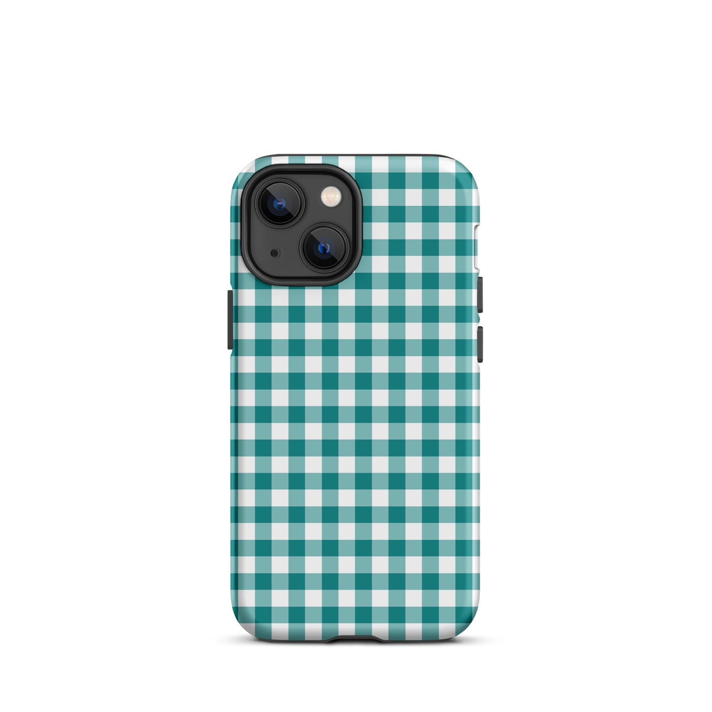 Phone Case with teal-and-white gingham pattern for iPhone, combining stylish charm and durability.