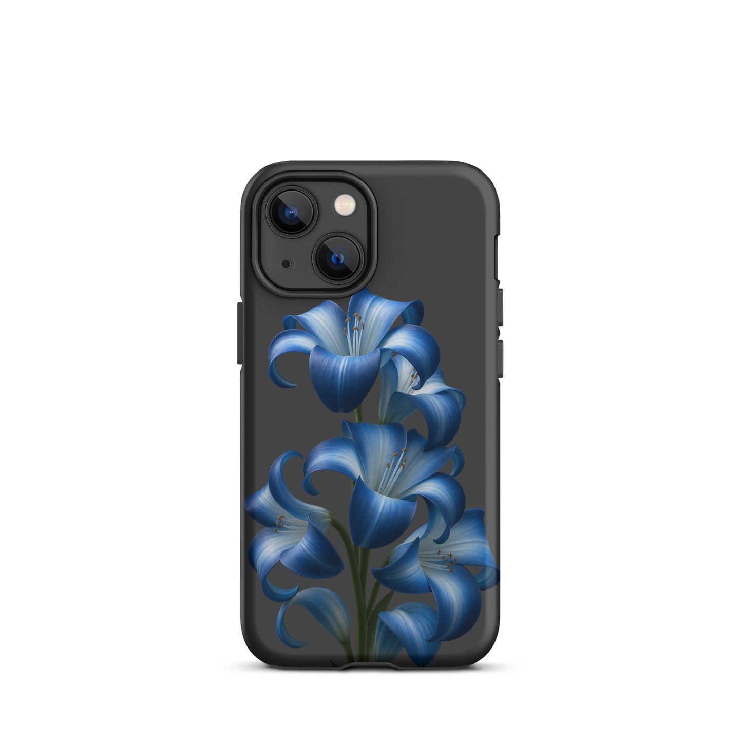 Phone Case for iPhone with blue lily bloom design on dark backdrop, showcasing stylish and protective features.