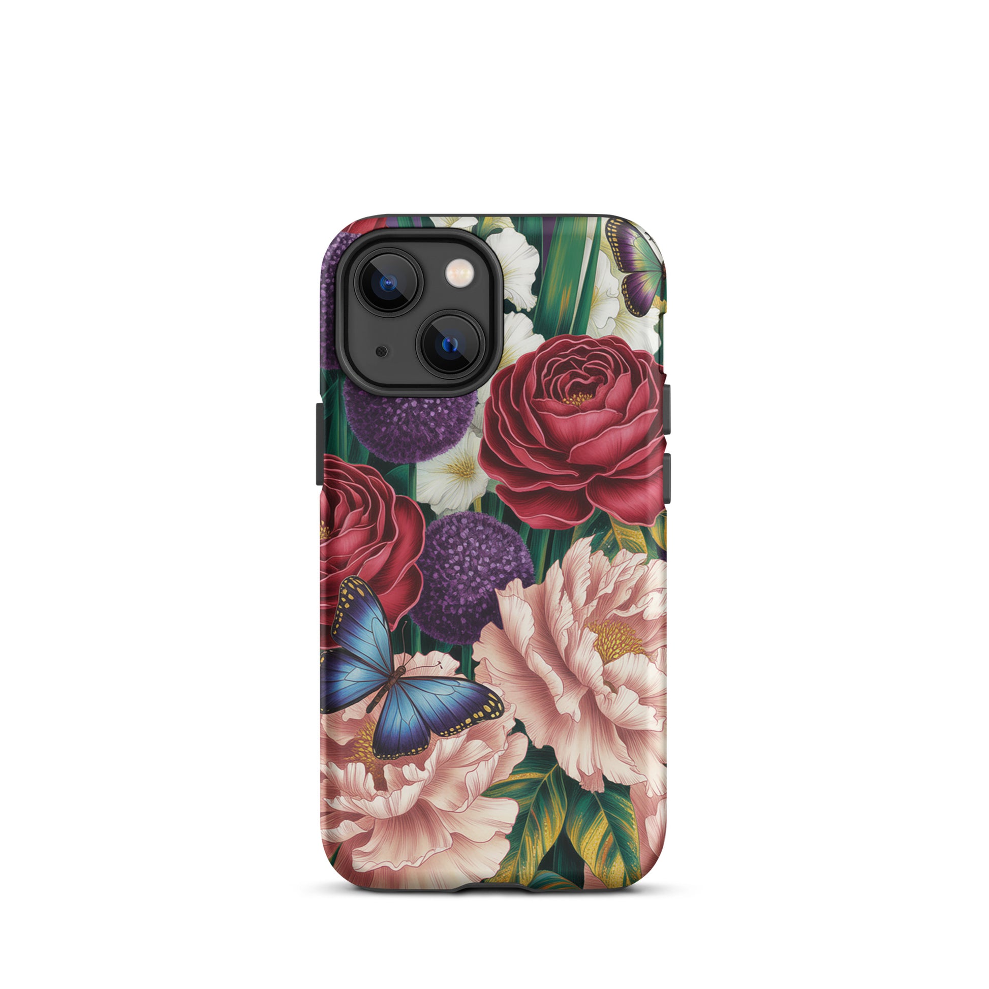 Phone Case for iPhone featuring botanical garden blooms with roses, peonies, alliums, and butterflies in vibrant colors.