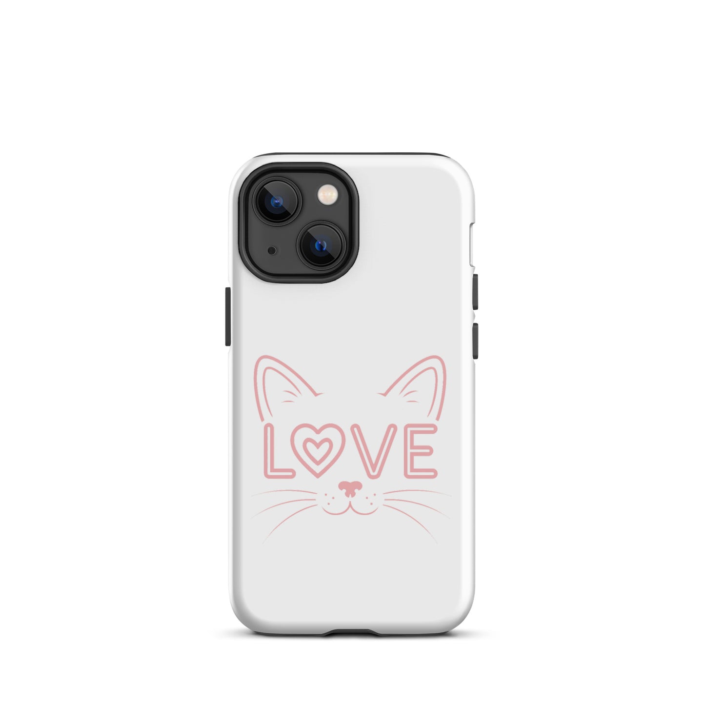 Cat Love iPhone case with minimalist cat face and "LOVE" design, perfect for feline enthusiasts seeking stylish and protective phone cover.