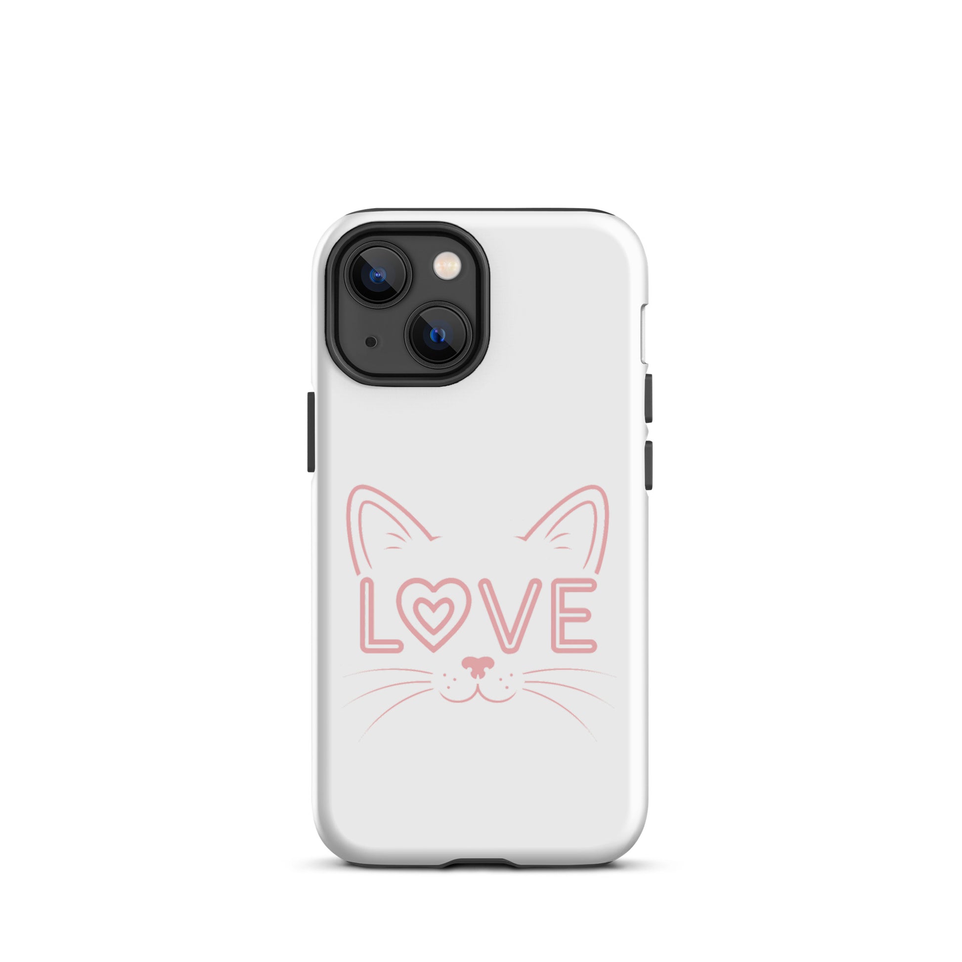 Cat Love iPhone case with minimalist cat face and "LOVE" design, perfect for feline enthusiasts seeking stylish and protective phone cover.