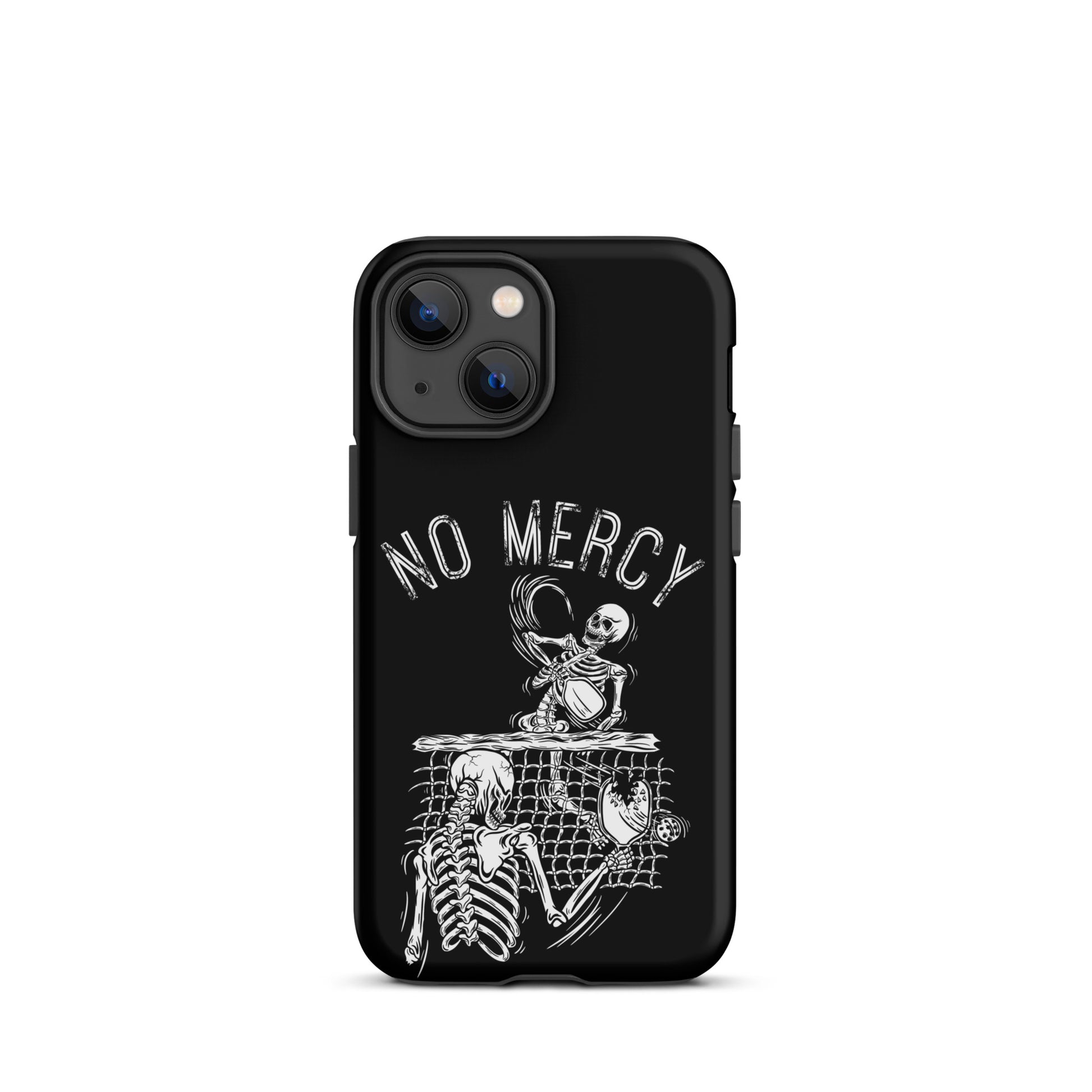 Pickleball iPhone case with "No Mercy" skeleton design for aggressive players.