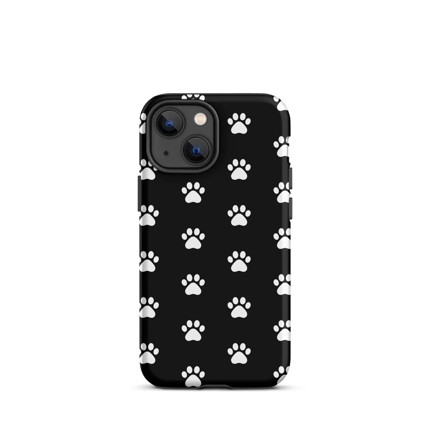 Phone Case for iPhone with stylish paw print design for pet lovers, featuring repeated paw icons on a black background.