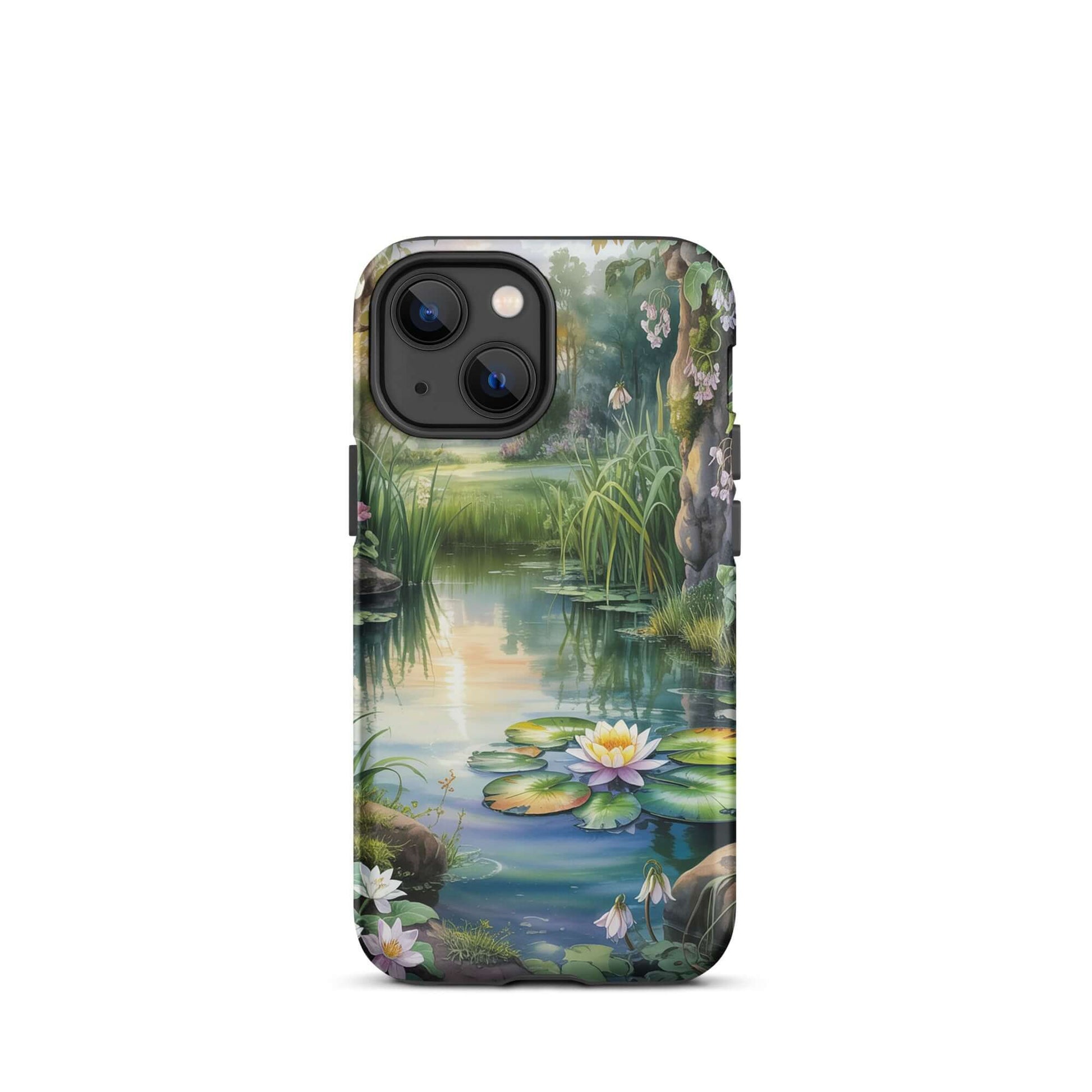Phone Case for iPhone with enchanted pond design featuring water lilies and wildflowers in a peaceful sunset scene.