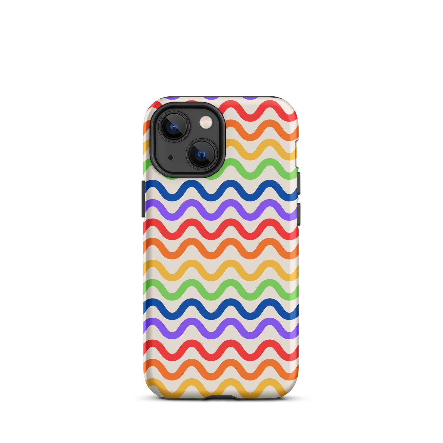Phone Case for iPhone with wavy rainbow pattern in purple, red, orange, yellow, green, and blue on a white background, tough and stylish design.