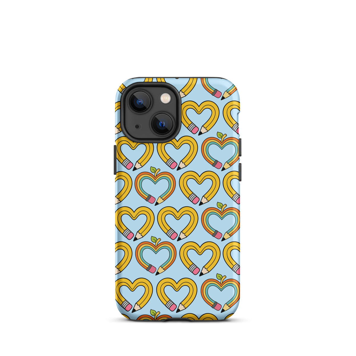 Phone Case with playful pencil-heart pattern, featuring whimsical pencil-shaped hearts with green leaves, symbolizing learning and creativity.