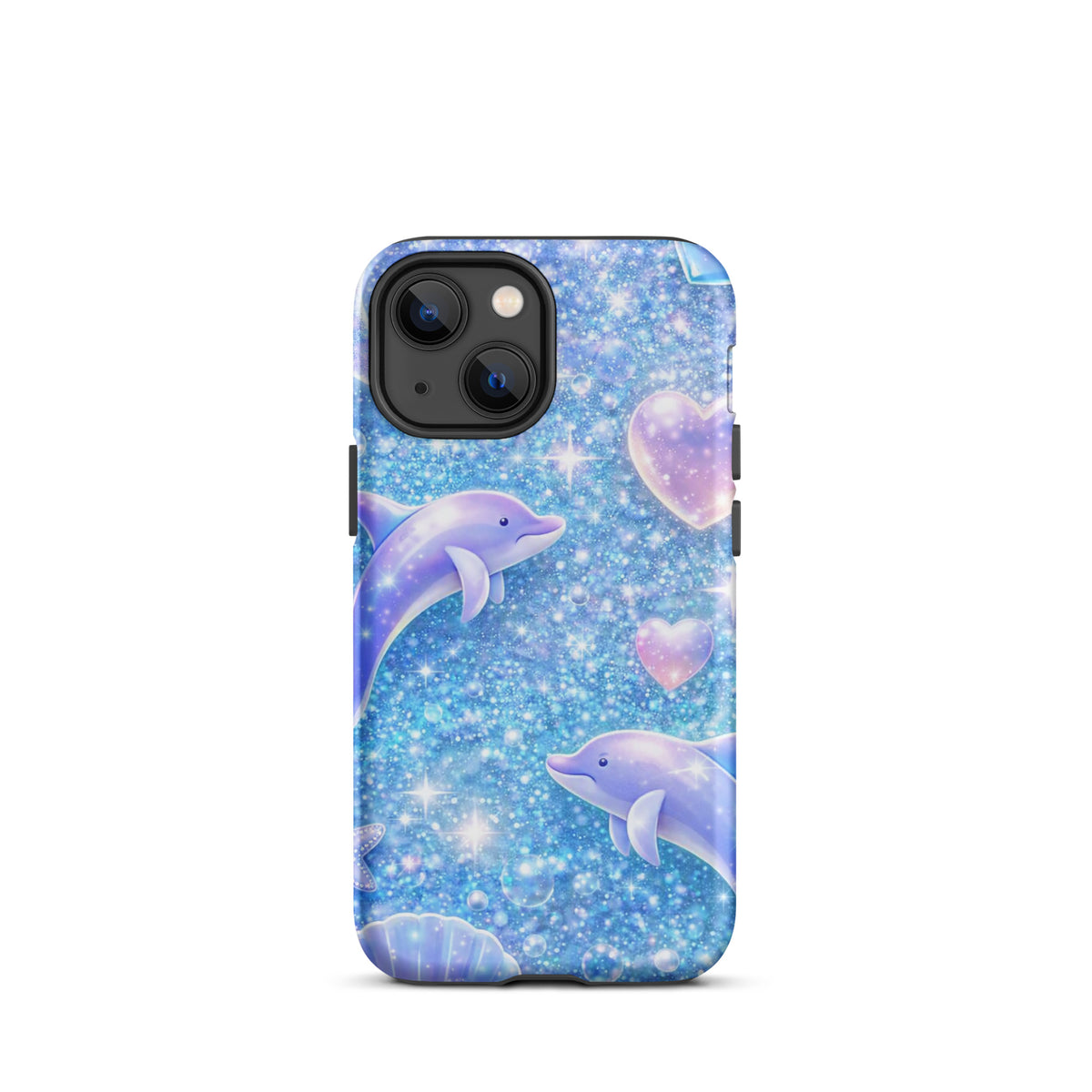 Phone Case for iPhone featuring ocean glitter with dolphins, pastel moons, and shells on a dreamy blue background.