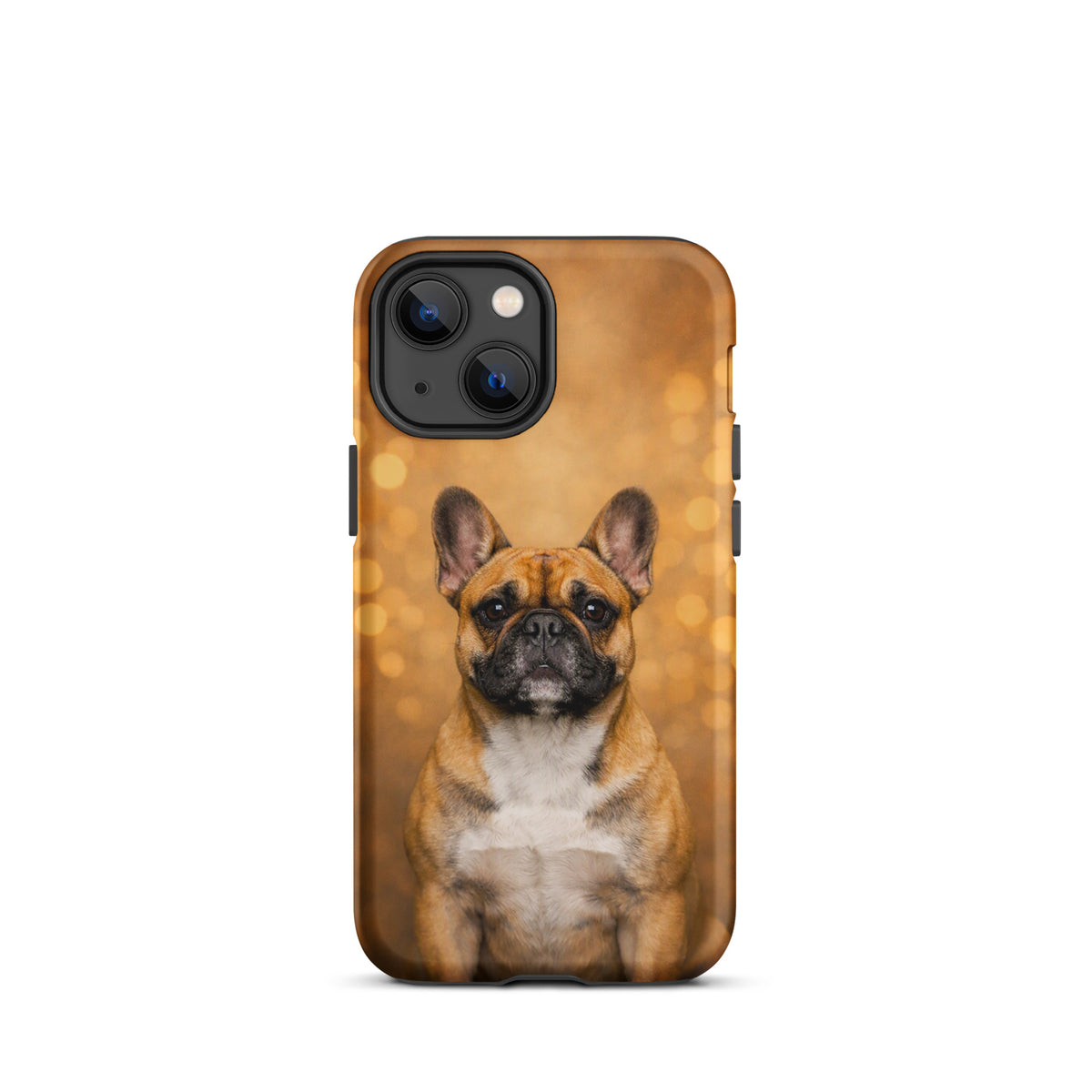 Phone Case featuring French Bulldog portrait against golden bokeh background, Warm Glow Edition designed for iPhone users.